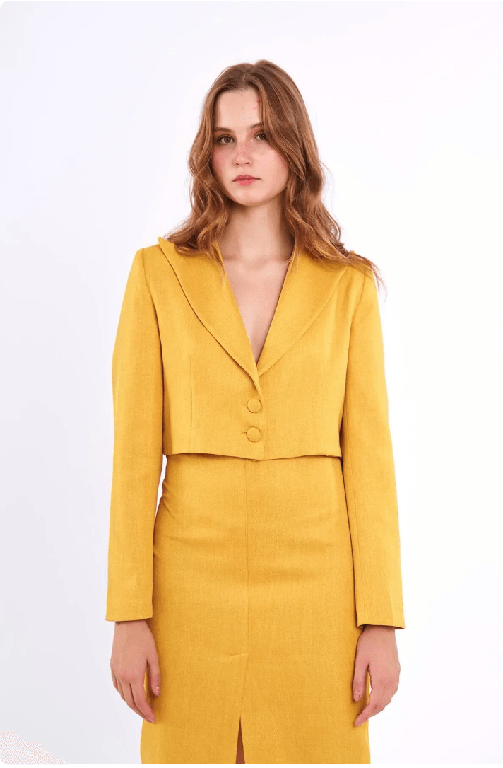 Keten Kısa Blazer Ceket Sarı