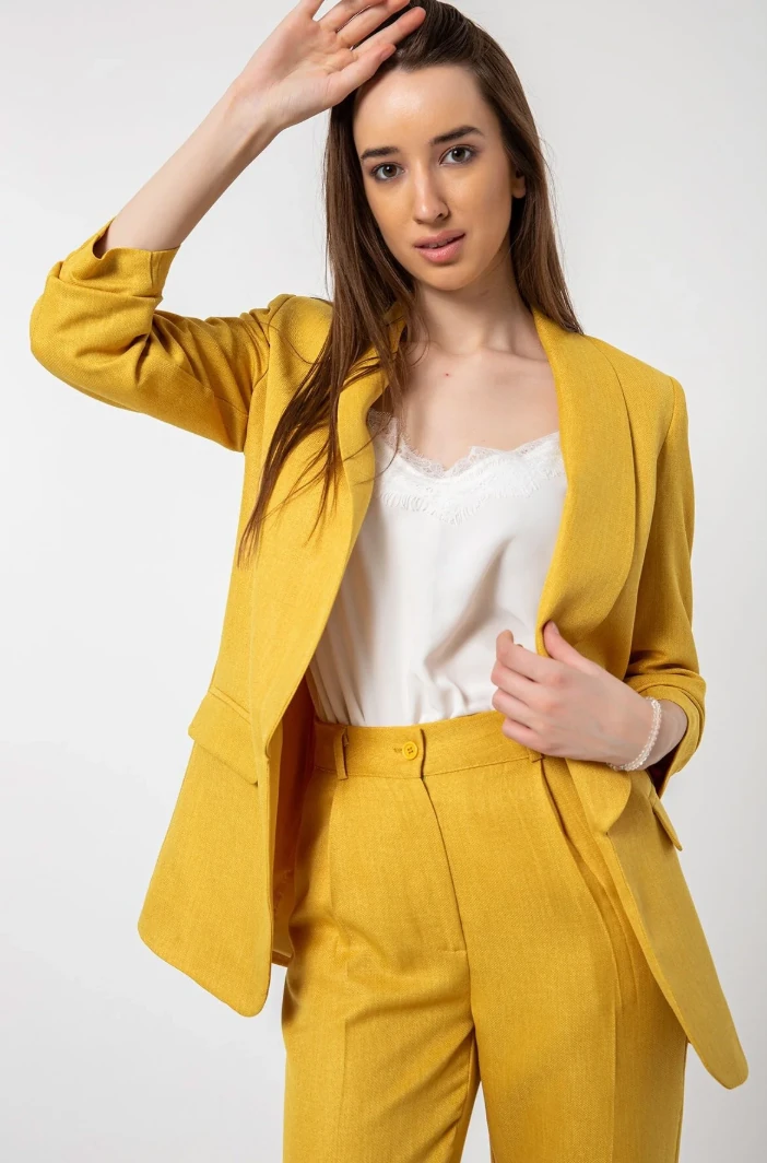 Kolu Büzgülü Keten Ceket Sarı