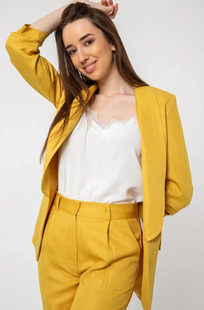 Kolu Büzgülü Keten Ceket Sarı
