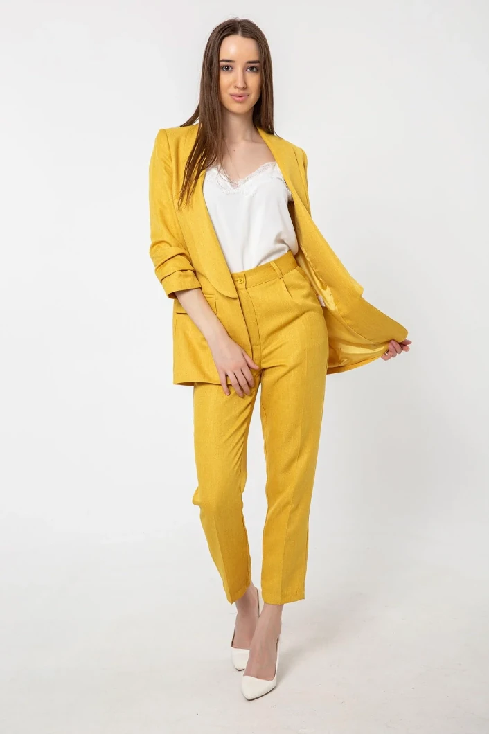 Kolu Büzgülü Keten Ceket Sarı