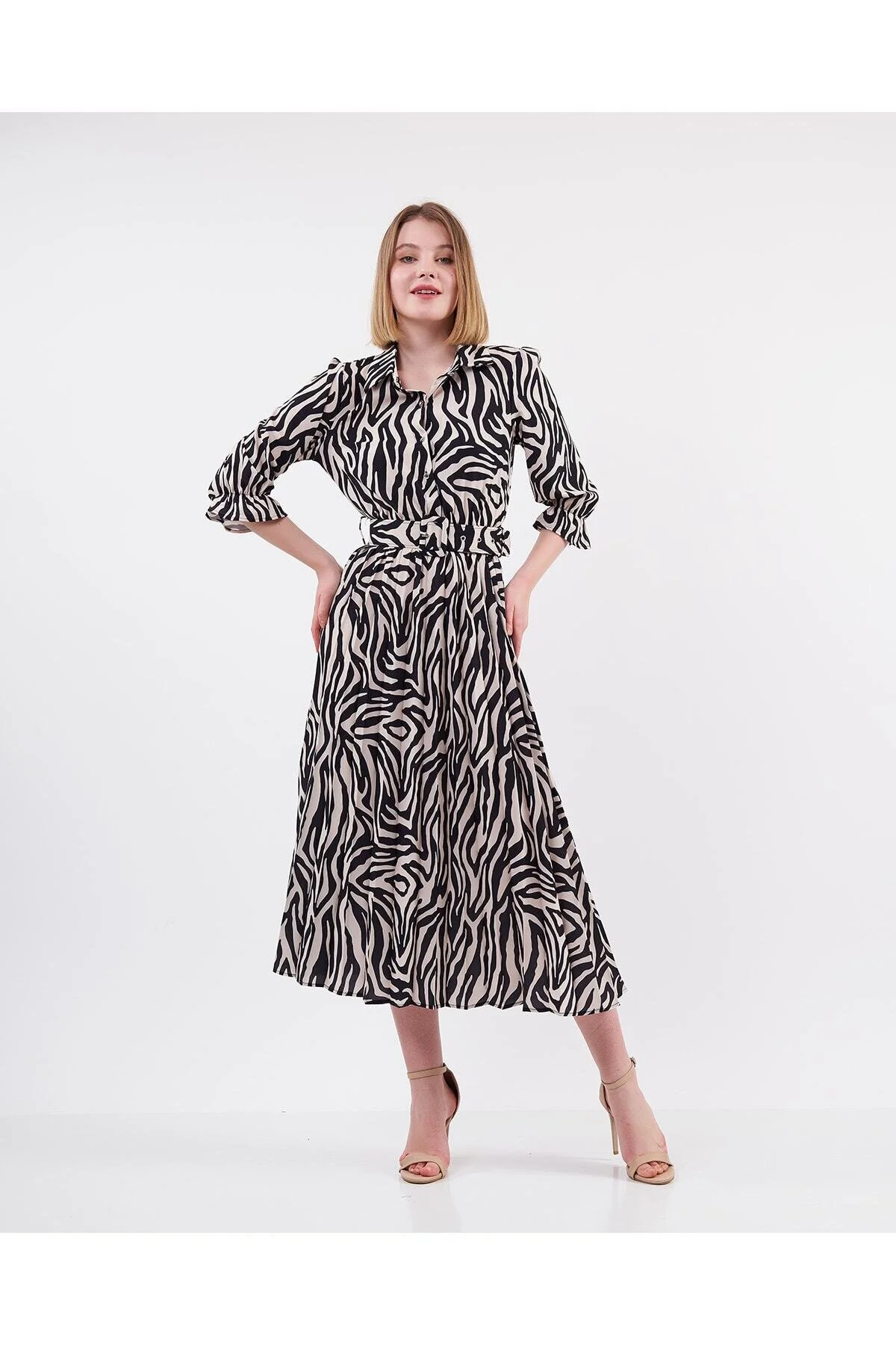 Pliseli Kemerli Zebra Desen Elbise