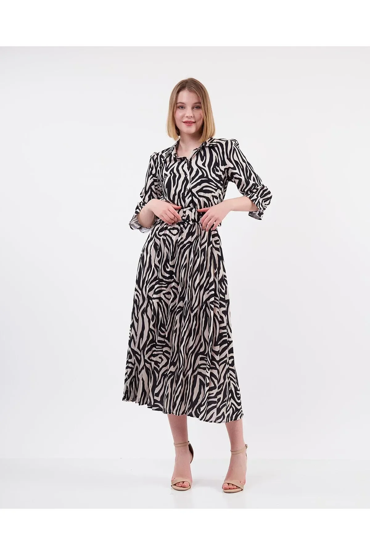 Pliseli Kemerli Zebra Desen Elbise