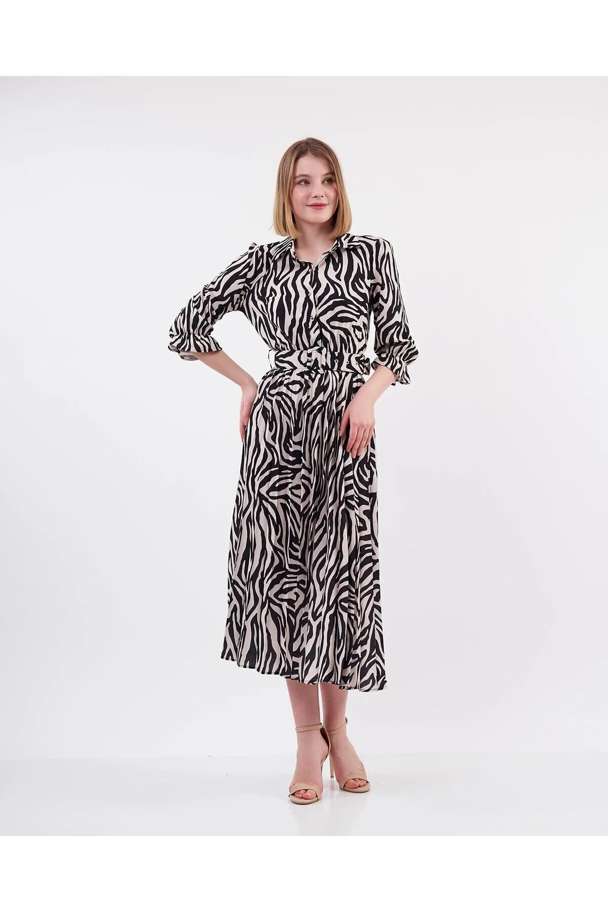 Pliseli Kemerli Zebra Desen Elbise