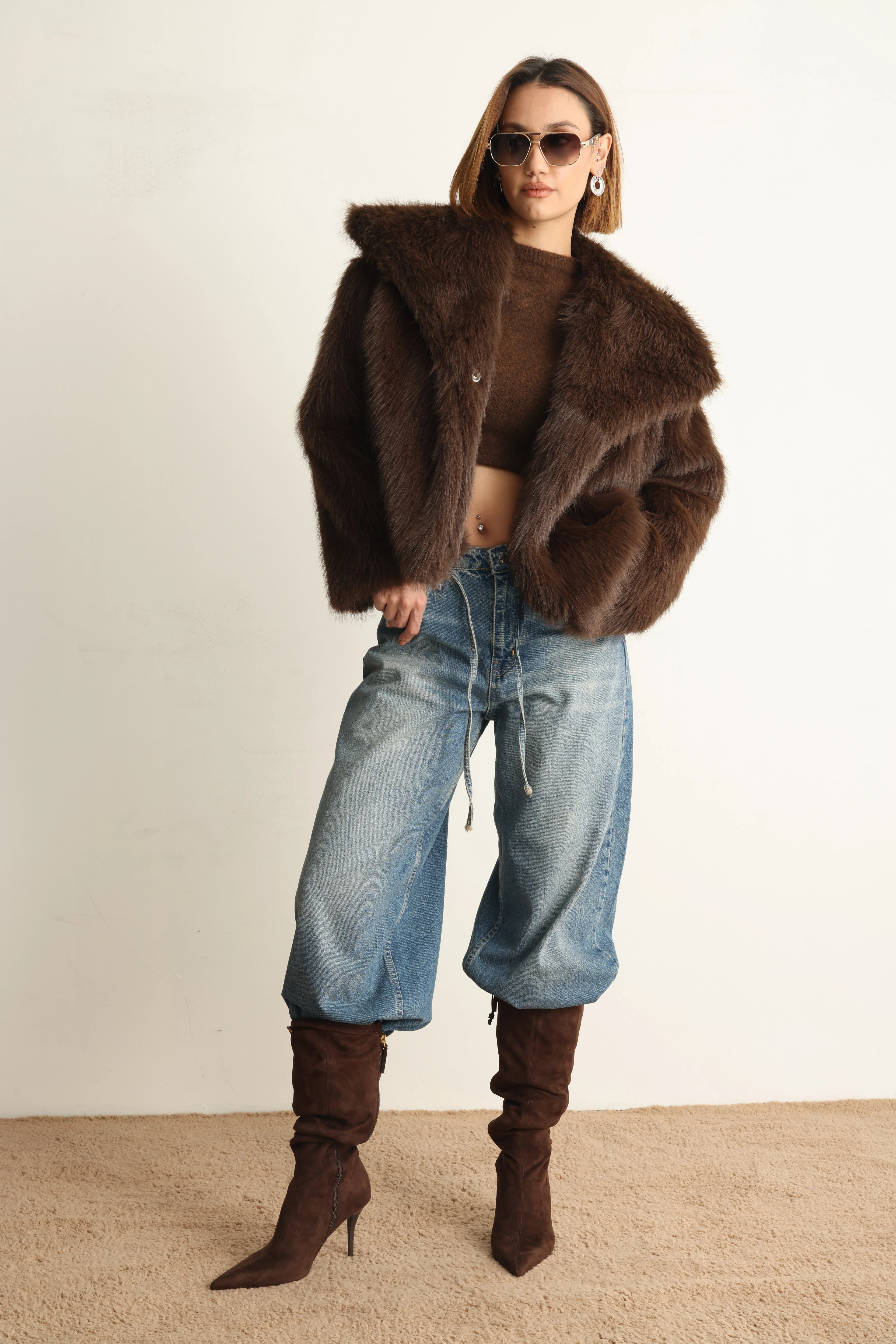 Kahverengi Lou  Kısa Kürk Ceket