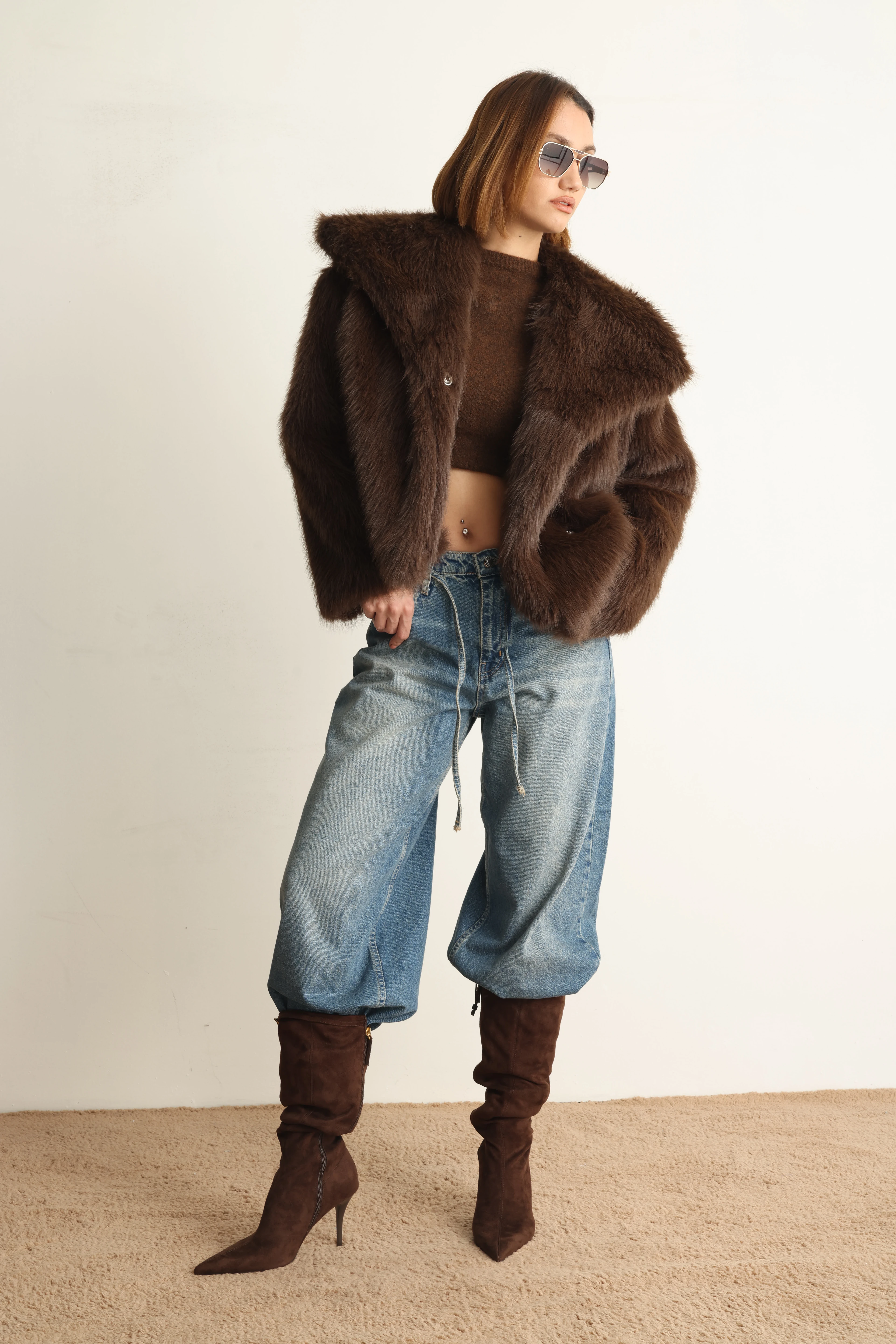 Kahverengi Lou  Kısa Kürk Ceket