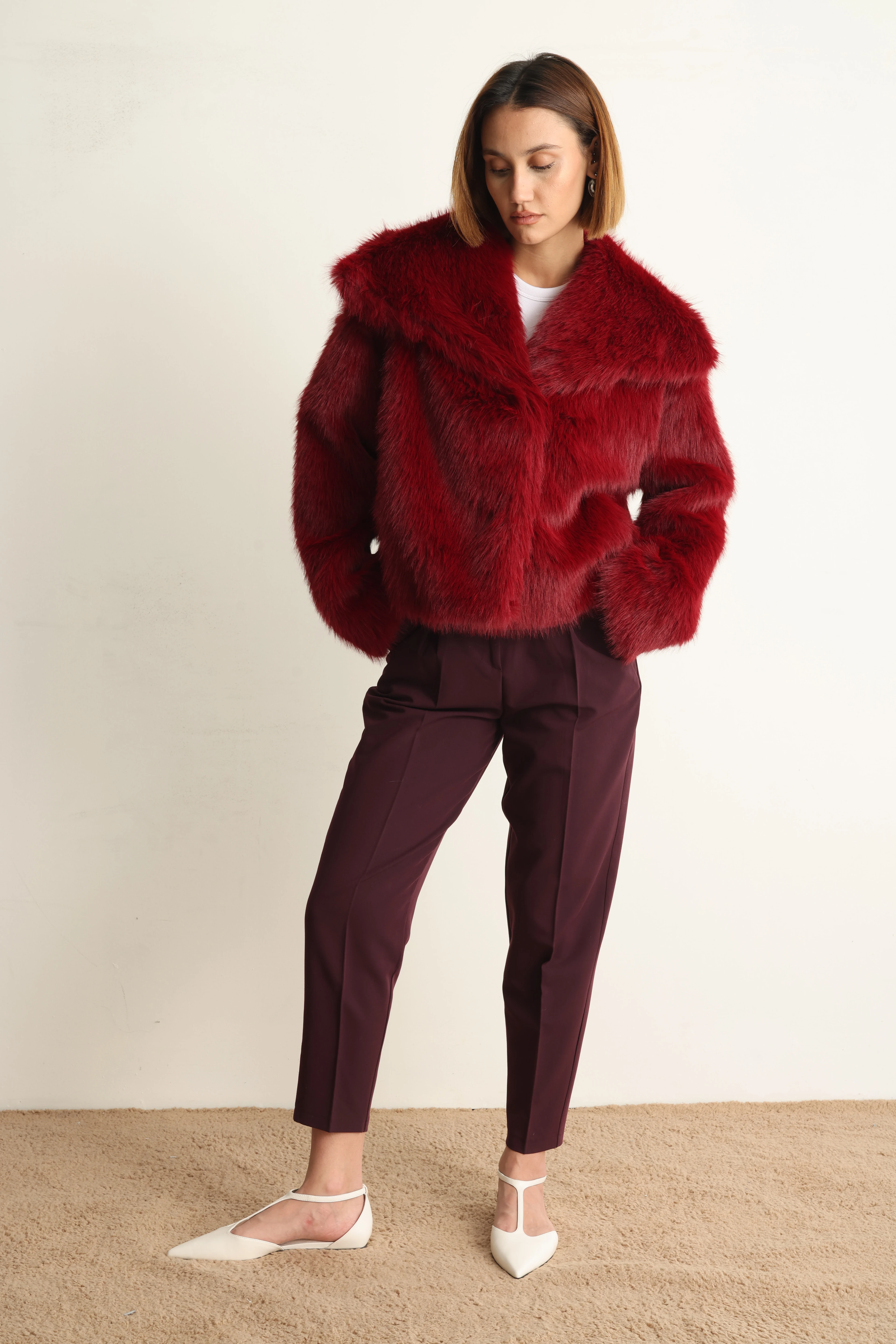 Bordo Lou  Kısa Kürk Ceket