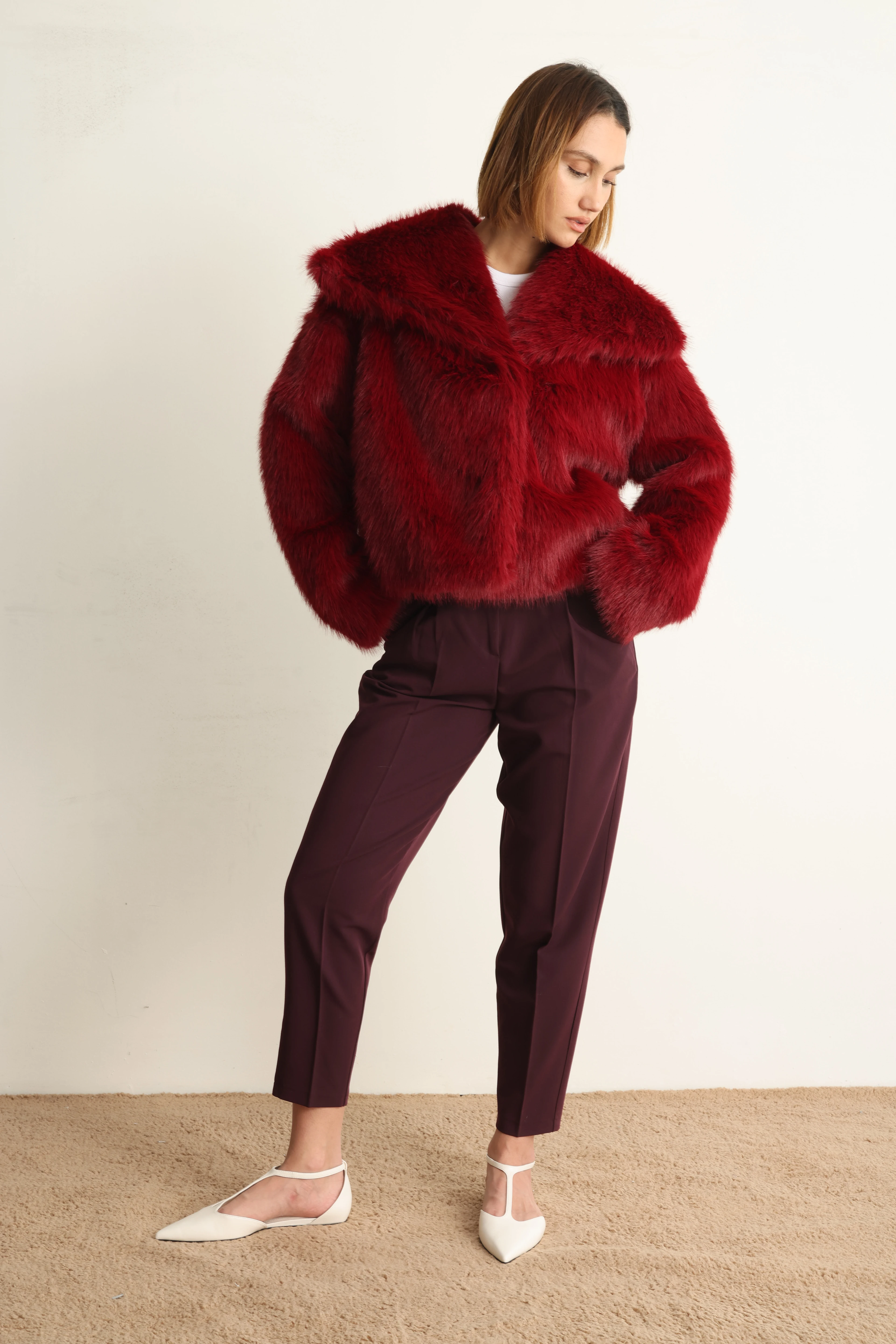 Bordo Lou  Kısa Kürk Ceket