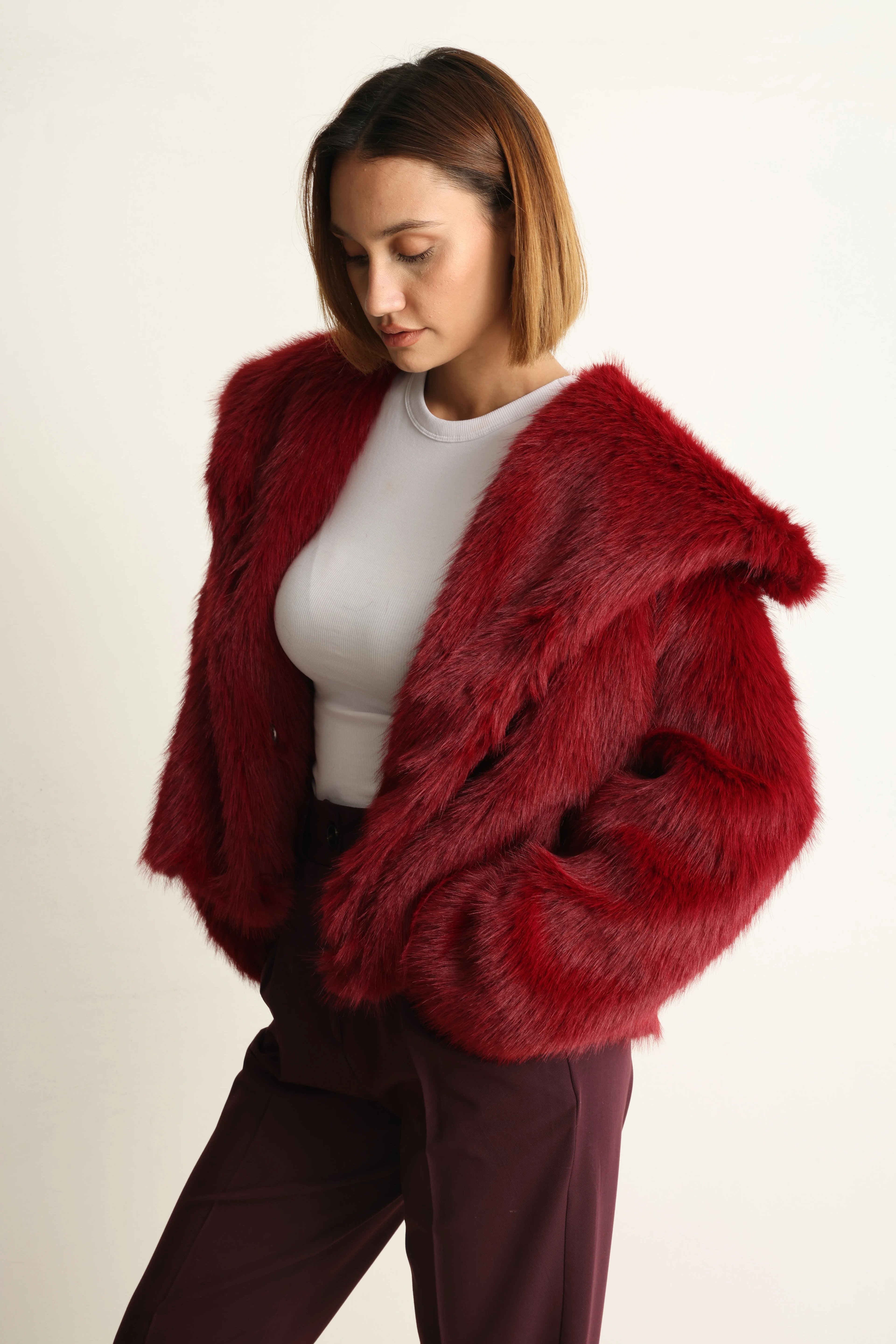 Bordo Lou  Kısa Kürk Ceket