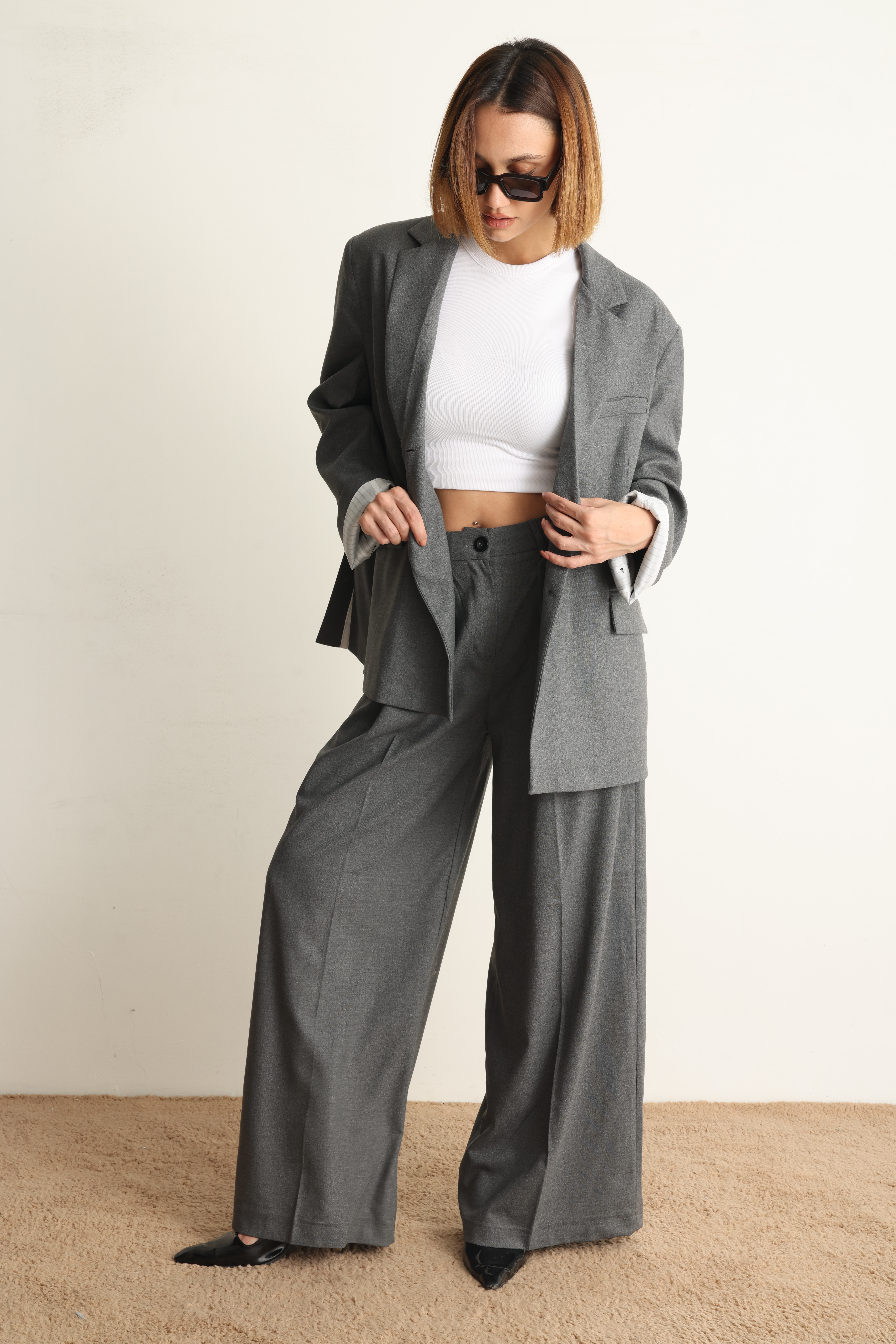 Gri Oversize Ceket Pantolon Takım
