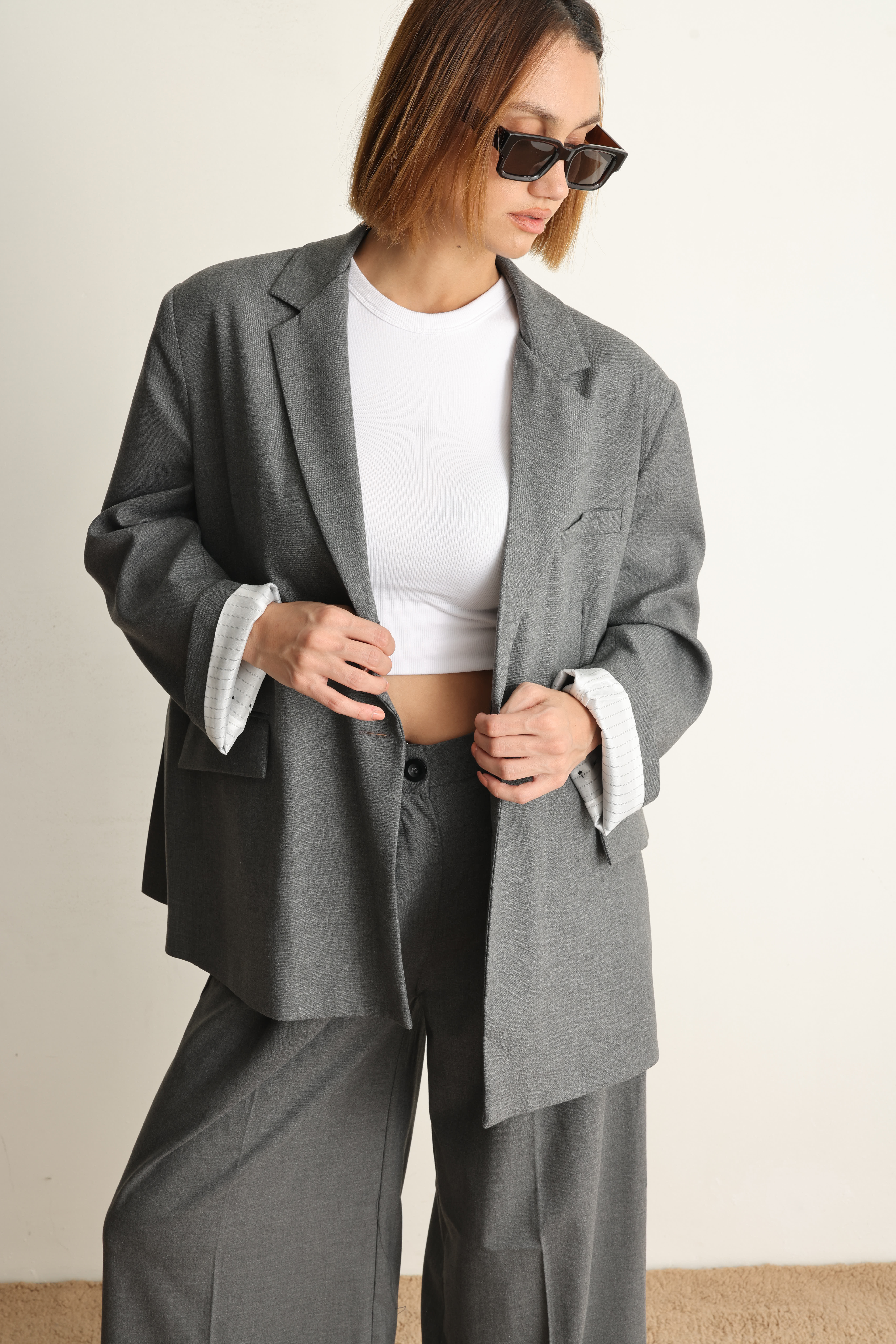 Gri Oversize Ceket Pantolon Takım
