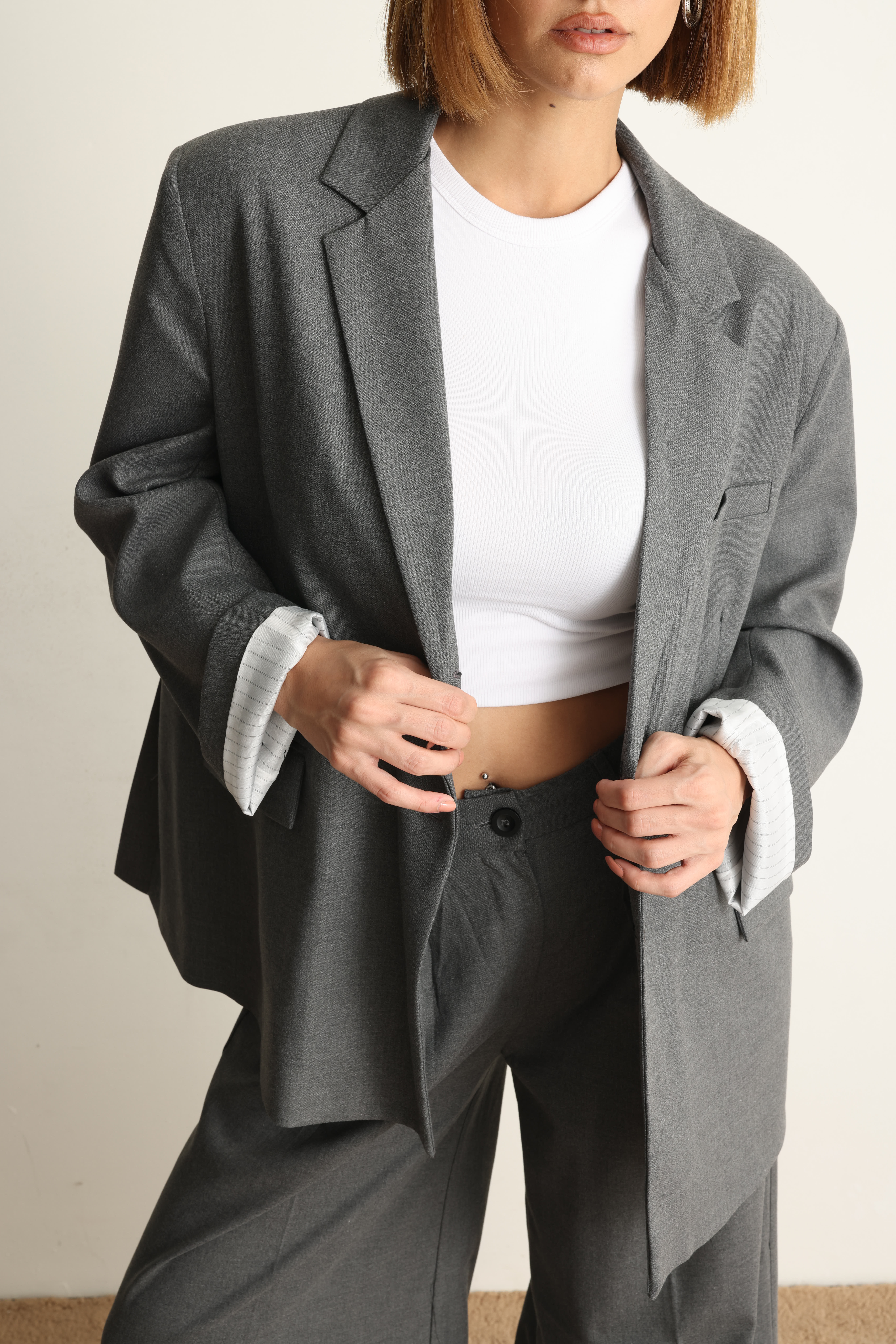 Gri Oversize Ceket Pantolon Takım