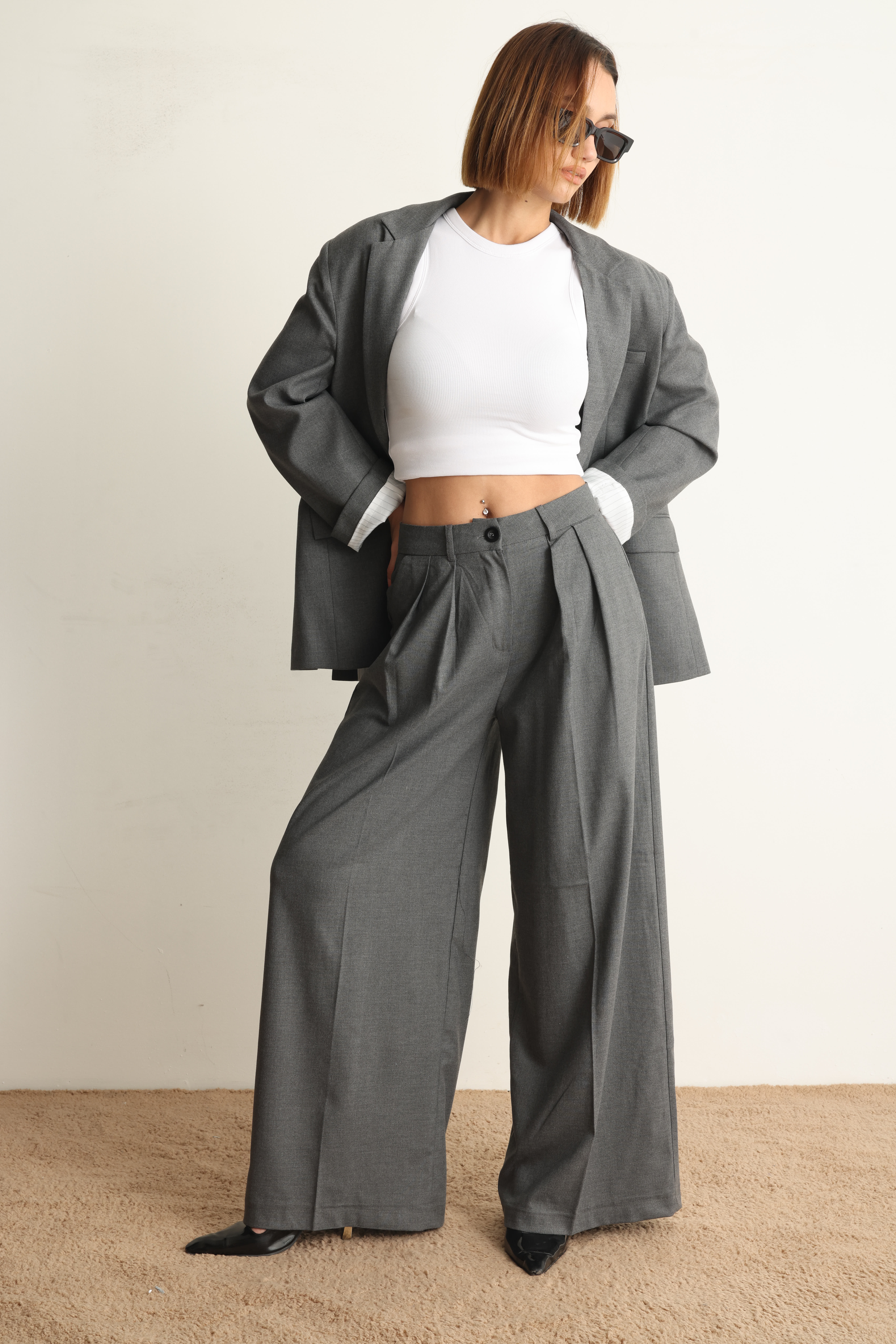 Gri Oversize Ceket Pantolon Takım