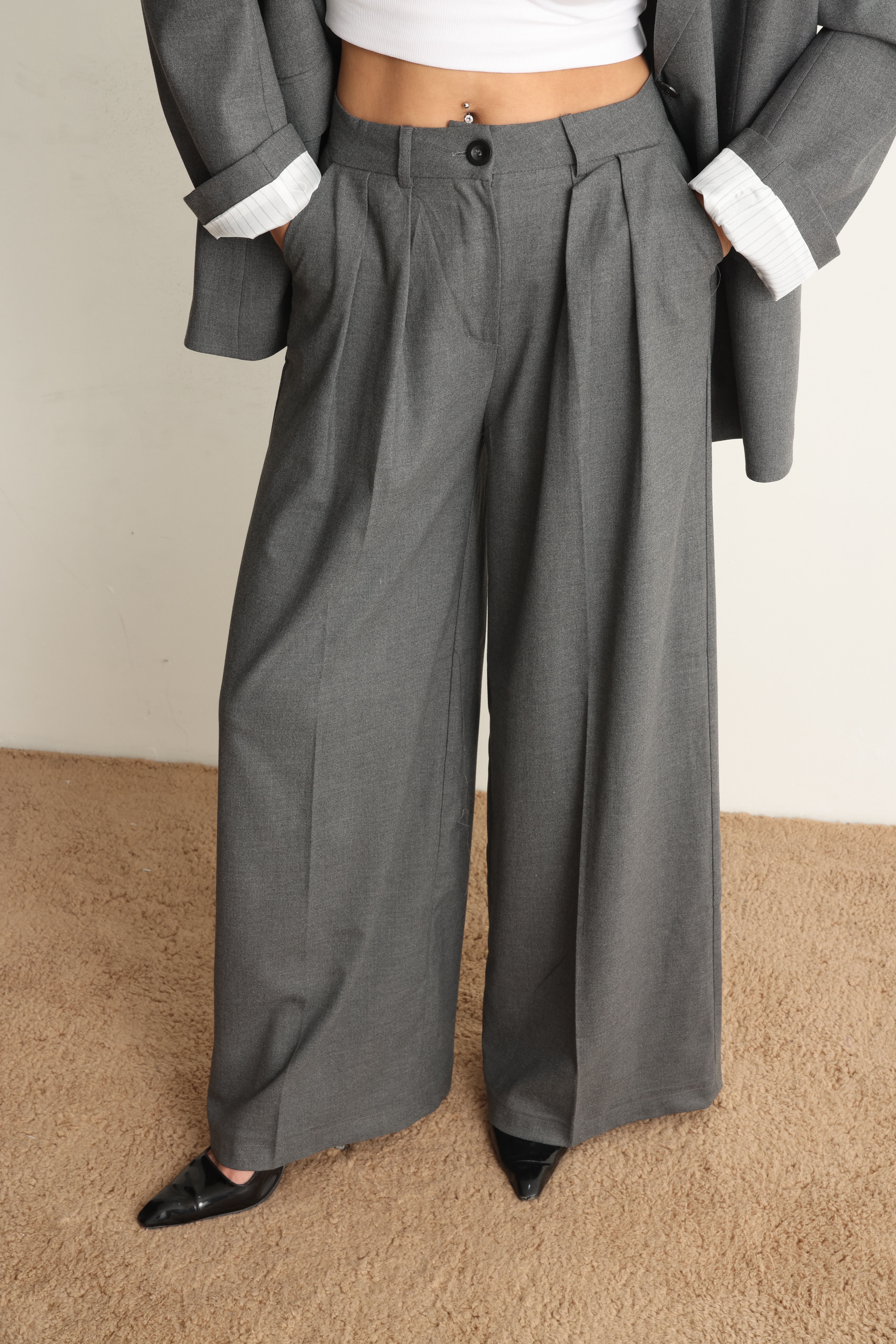 Gri Oversize Ceket Pantolon Takım