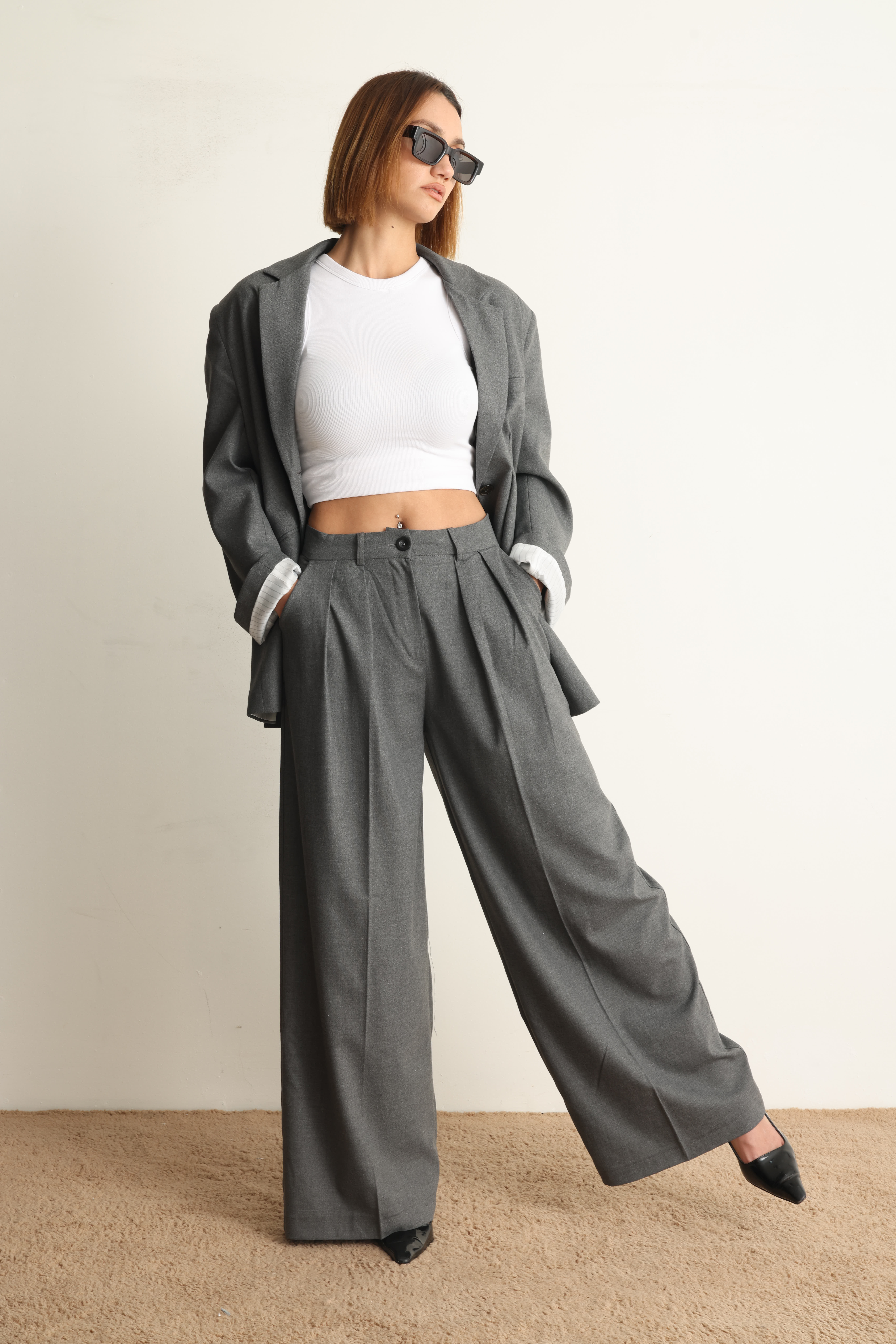 Gri Oversize Ceket Pantolon Takım