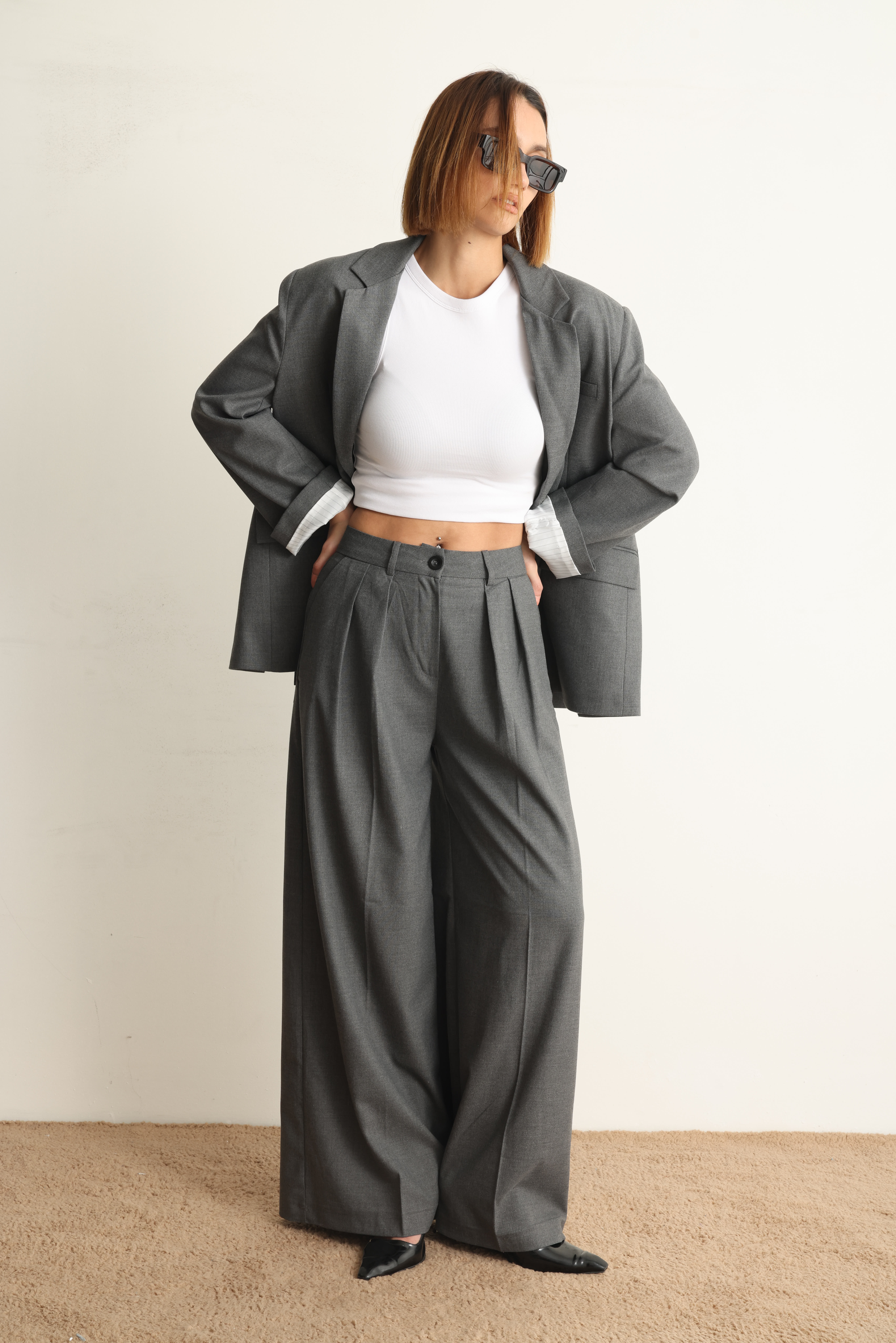 Gri Oversize Ceket Pantolon Takım