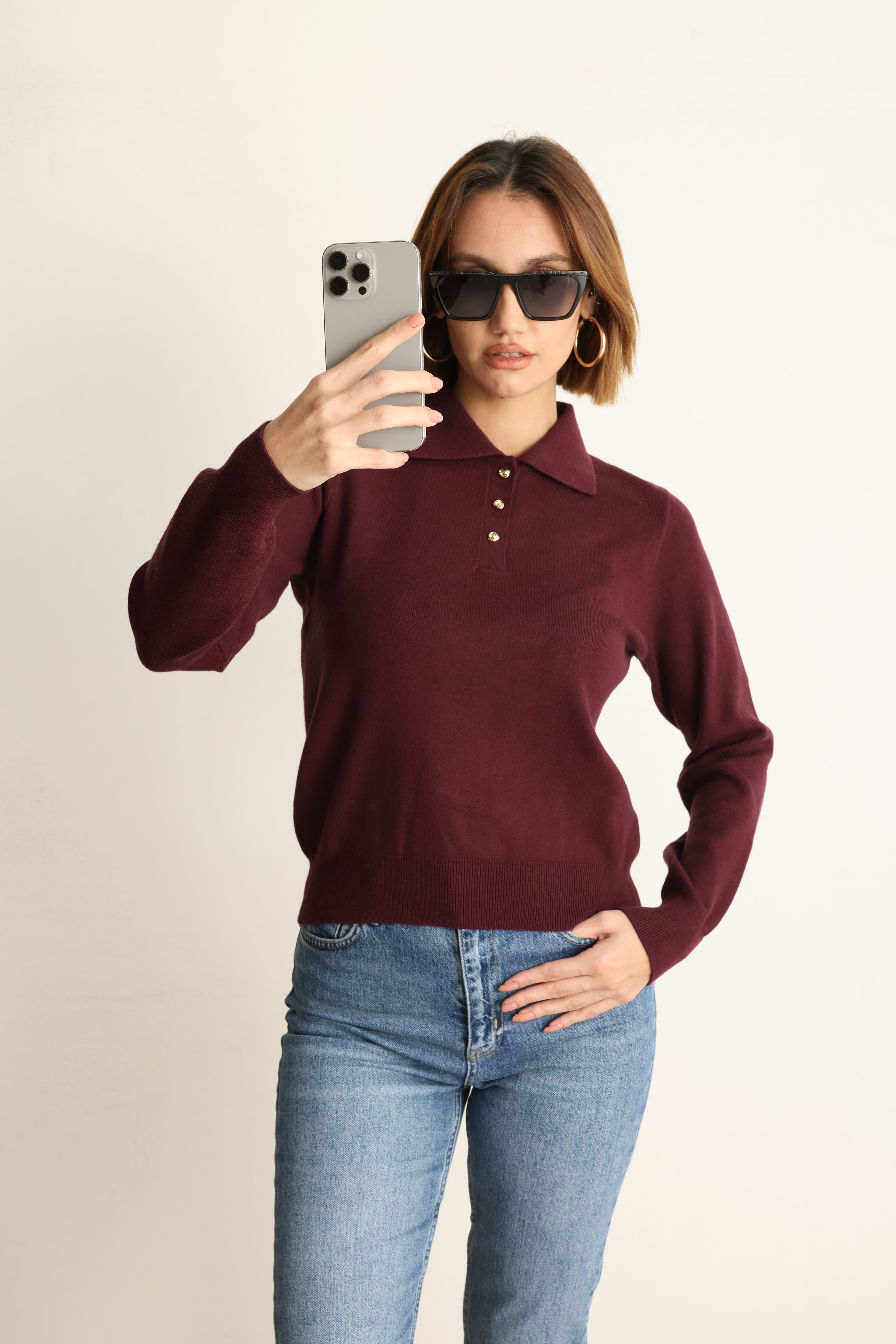 Rosa Detaylı Uzun Kol Polo Yaka Triko Bordo