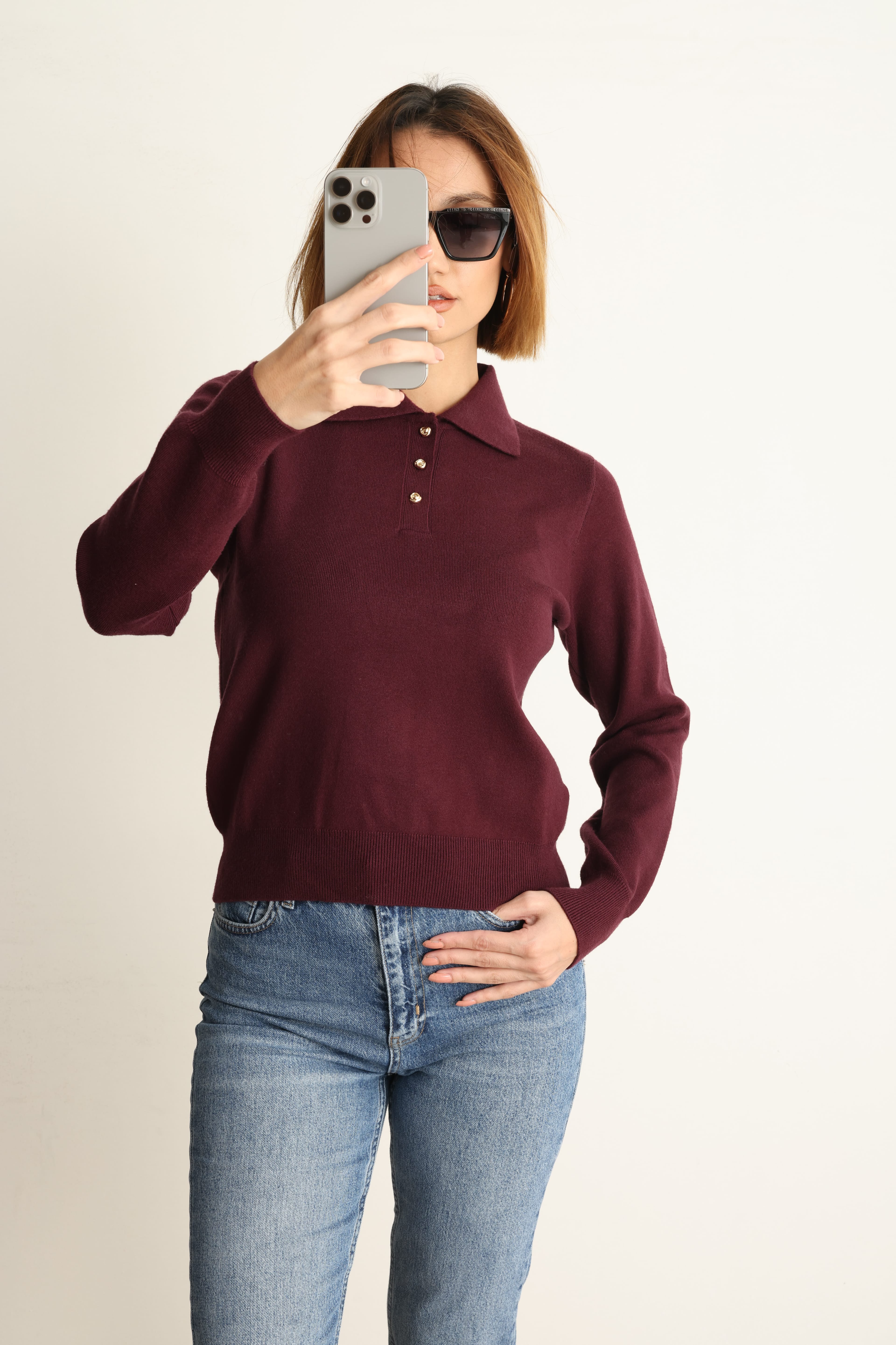 Rosa Detaylı Uzun Kol Polo Yaka Triko Bordo