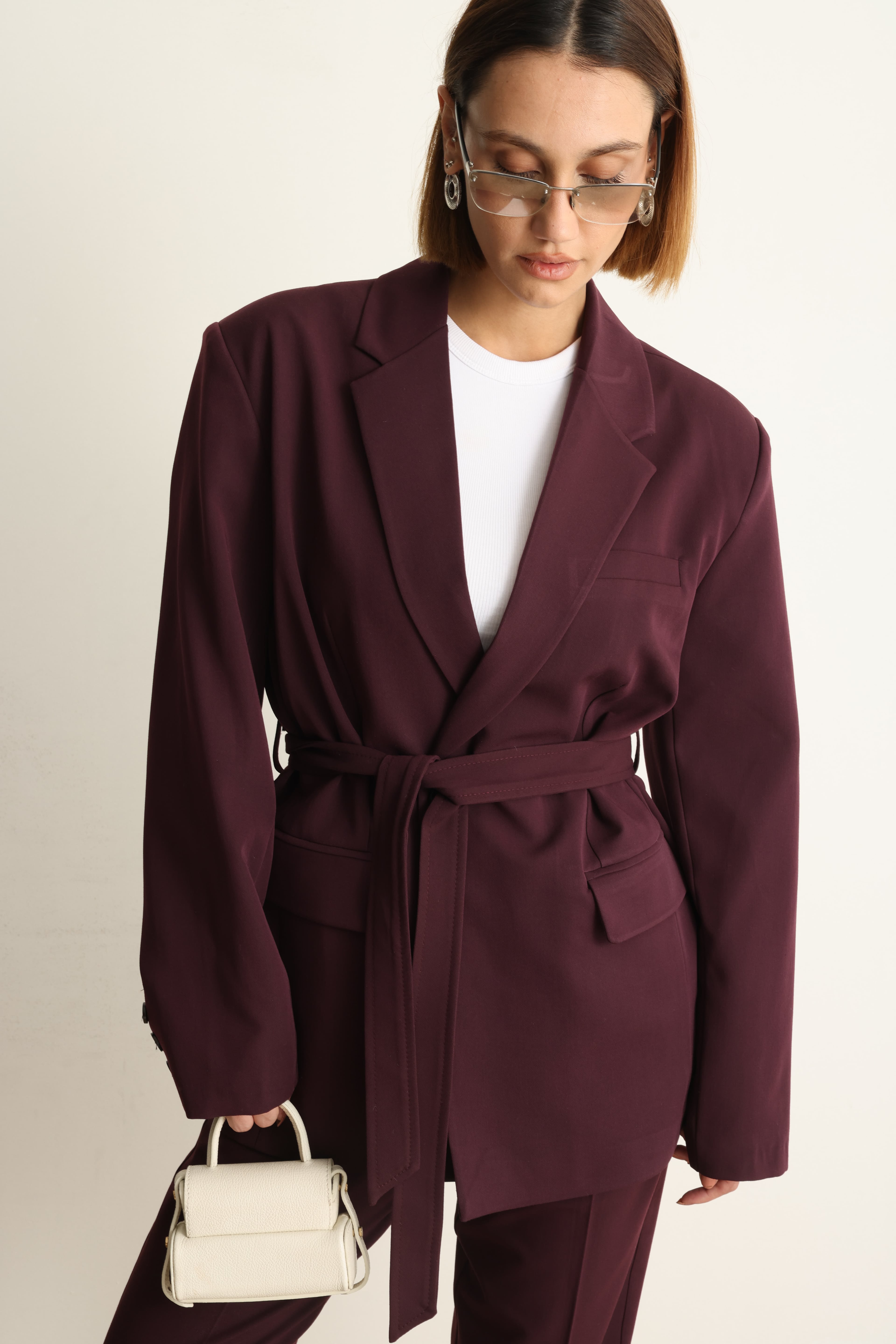 Bordo Kuşaklı Ceket Pantolon Takım