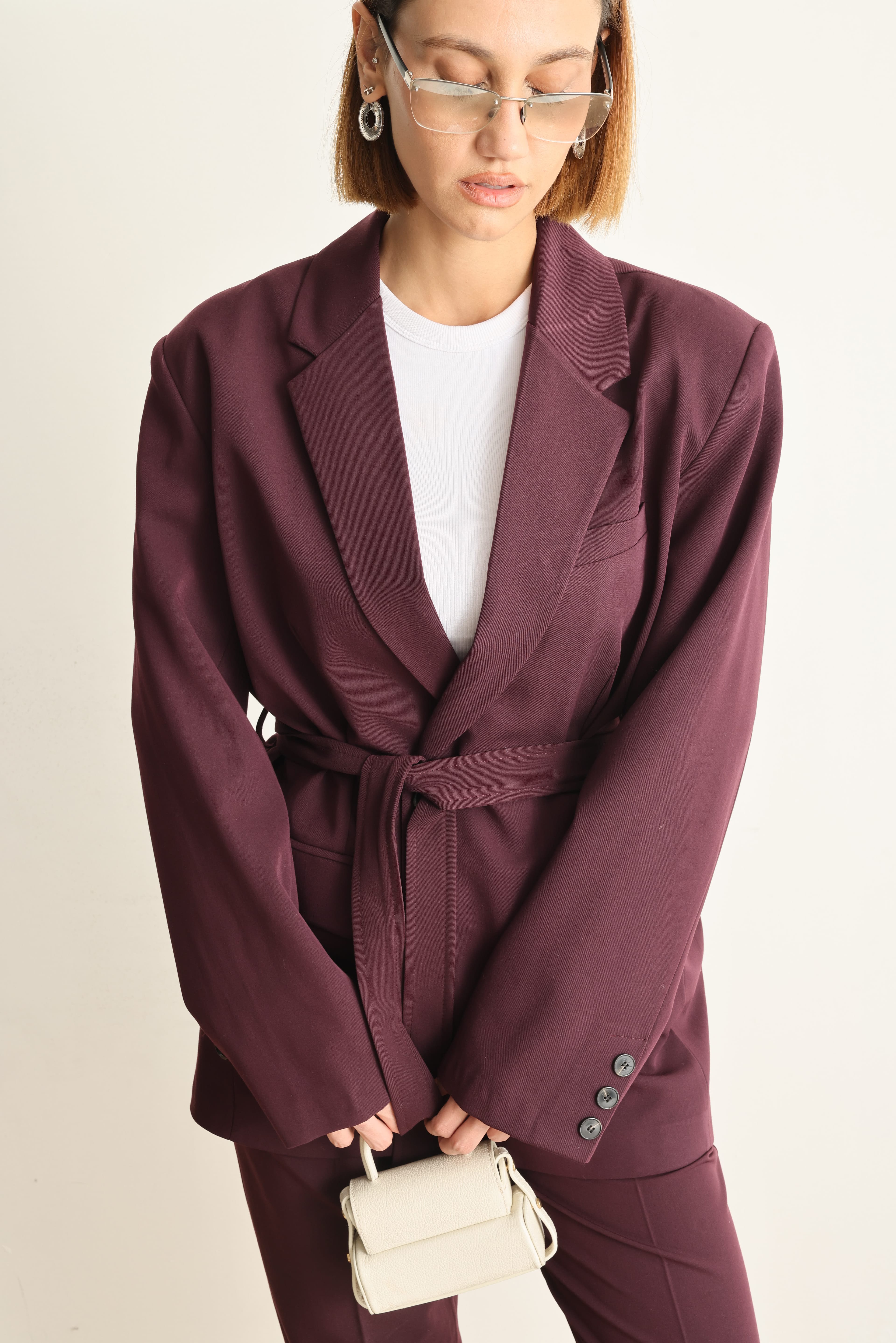 Bordo Kuşaklı Ceket Pantolon Takım
