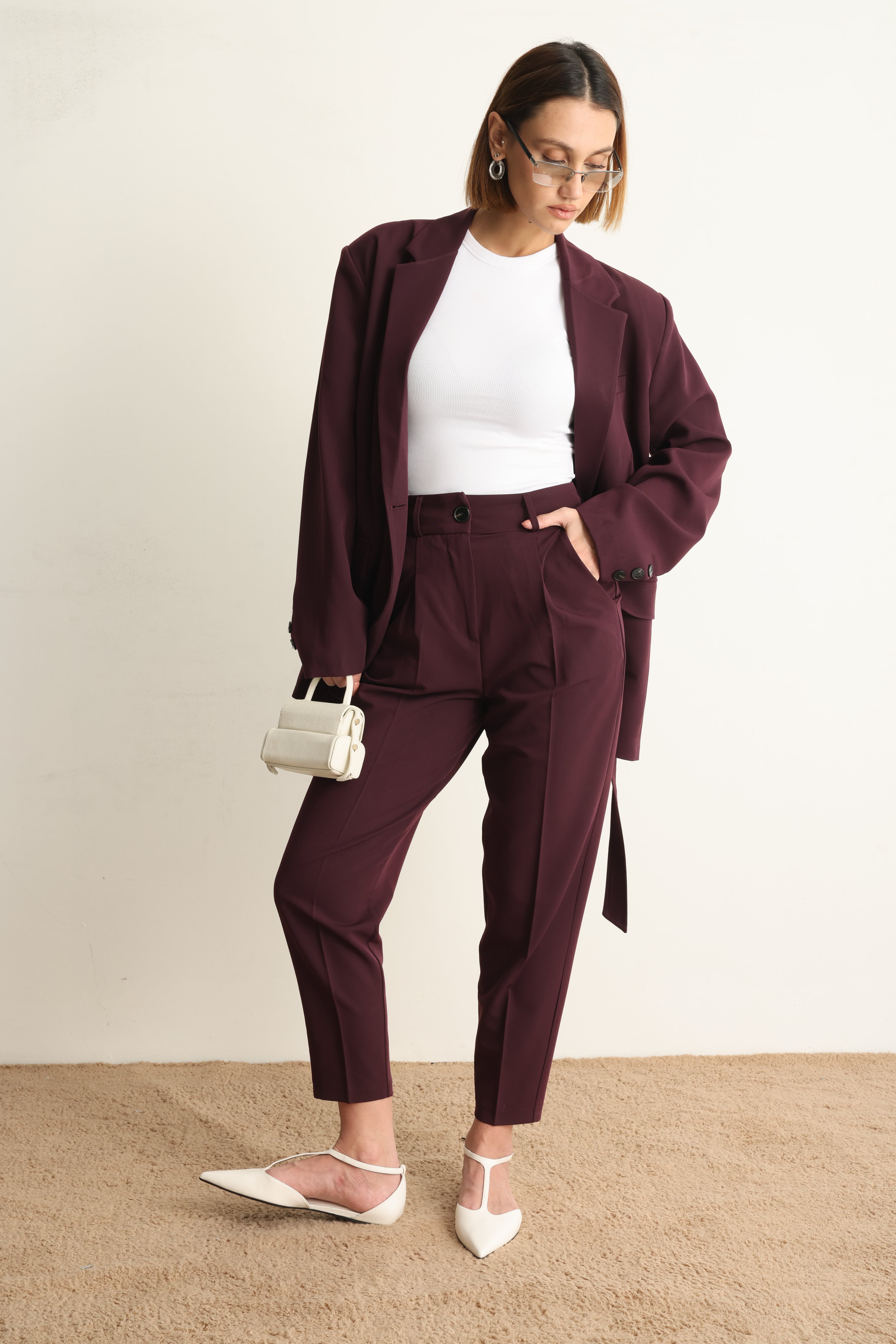 Bordo Kuşaklı Ceket Pantolon Takım