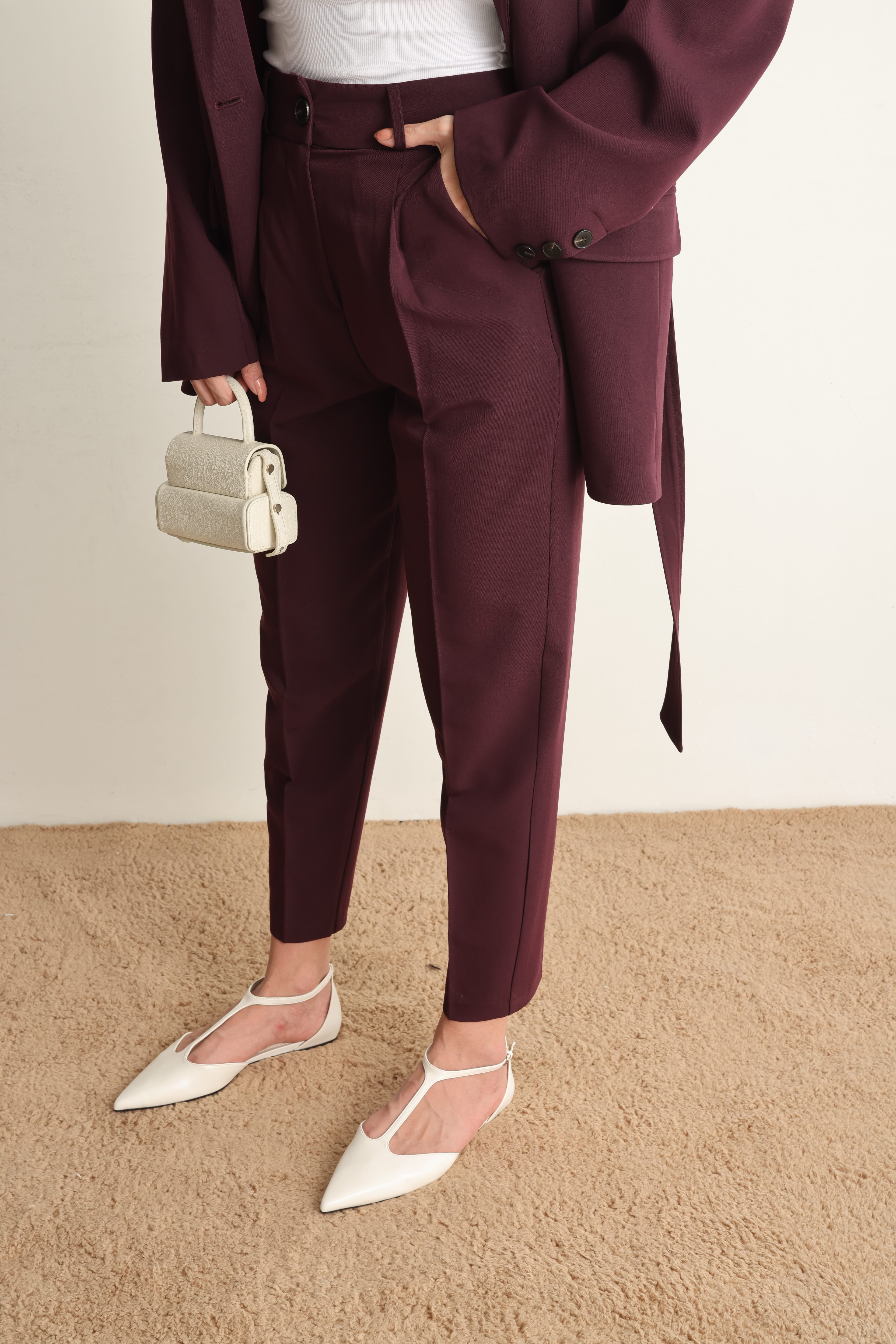 Bordo Kuşaklı Ceket Pantolon Takım