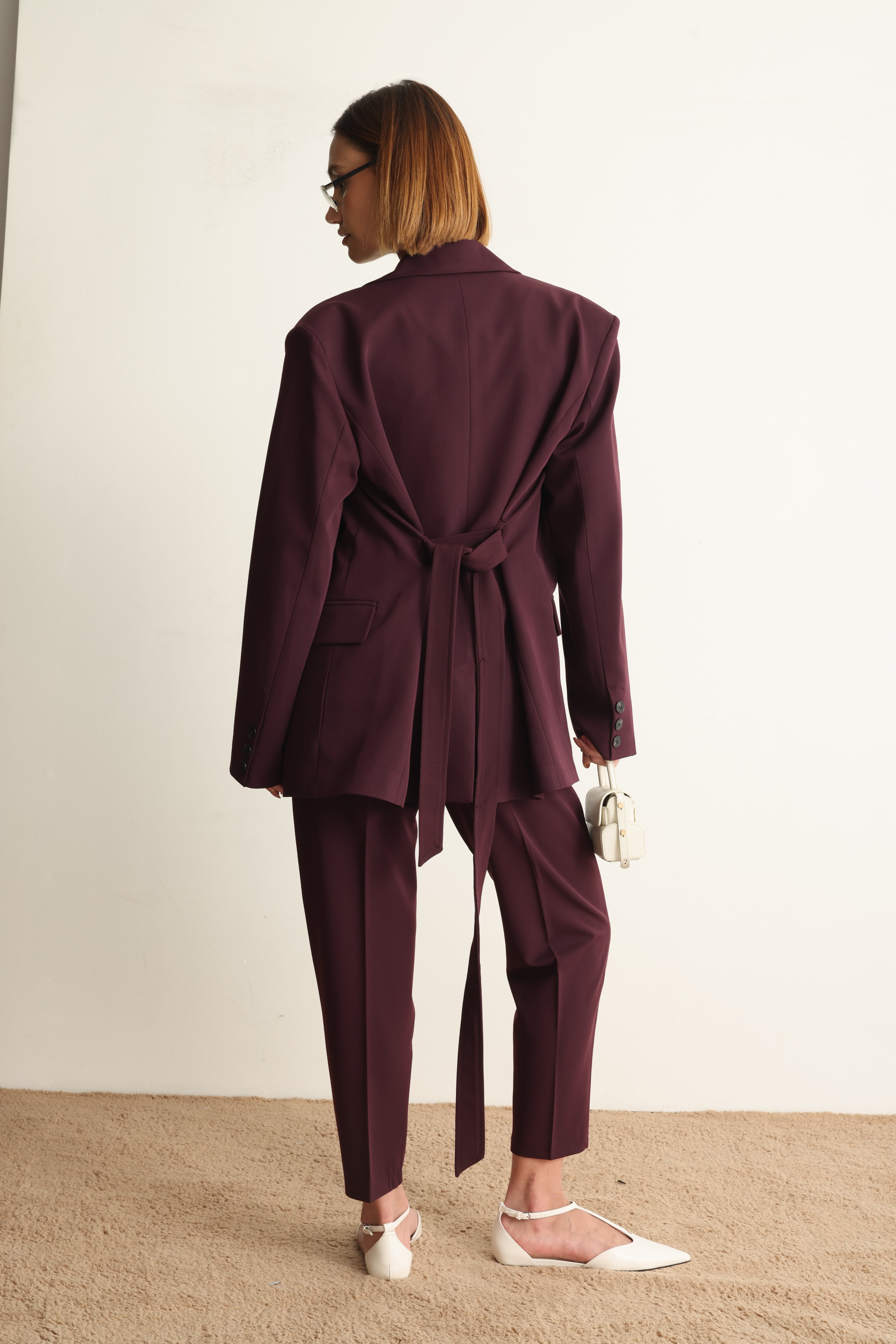 Bordo Kuşaklı Ceket Pantolon Takım