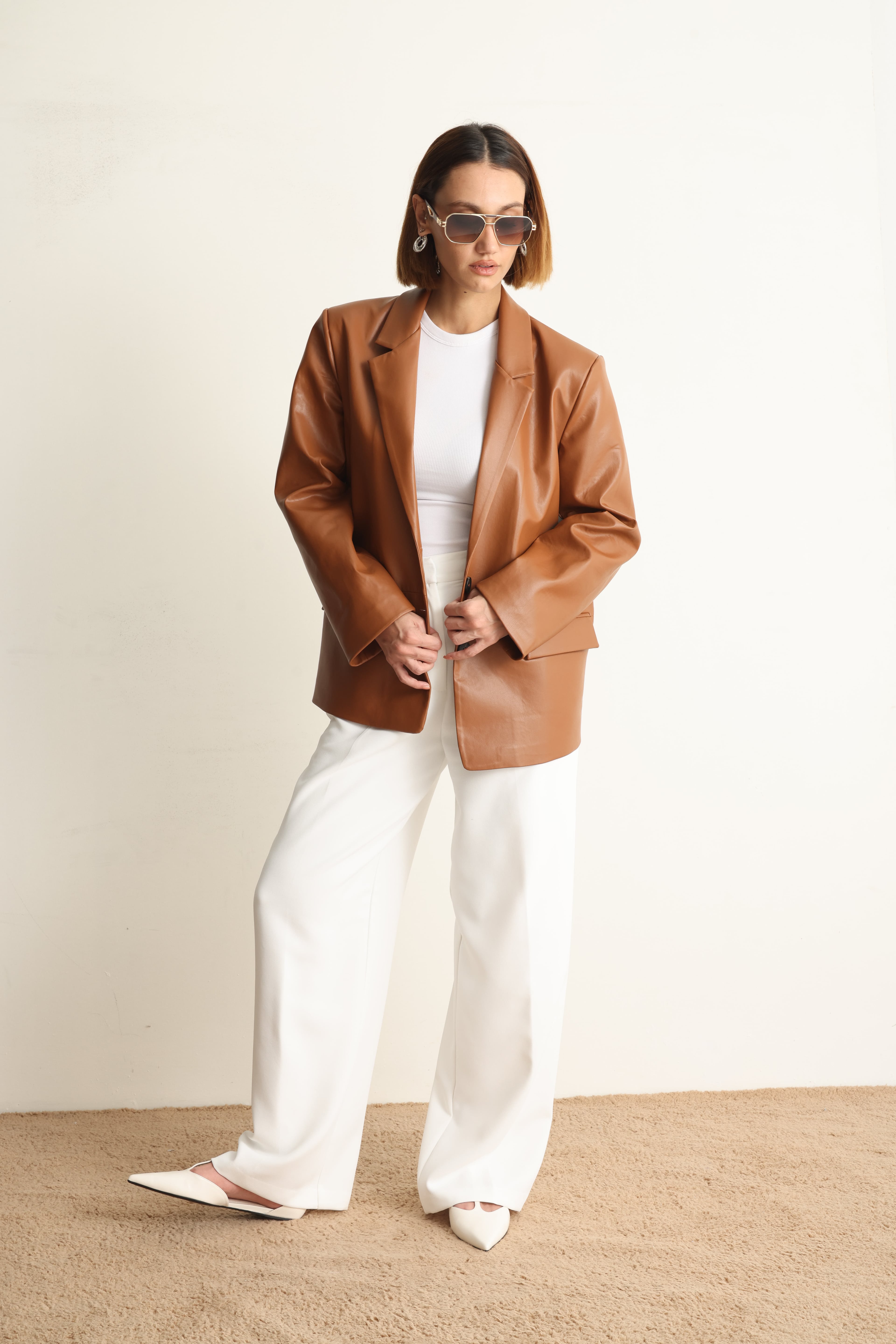 Carrie Deri Blazer Ceket Kahverengi