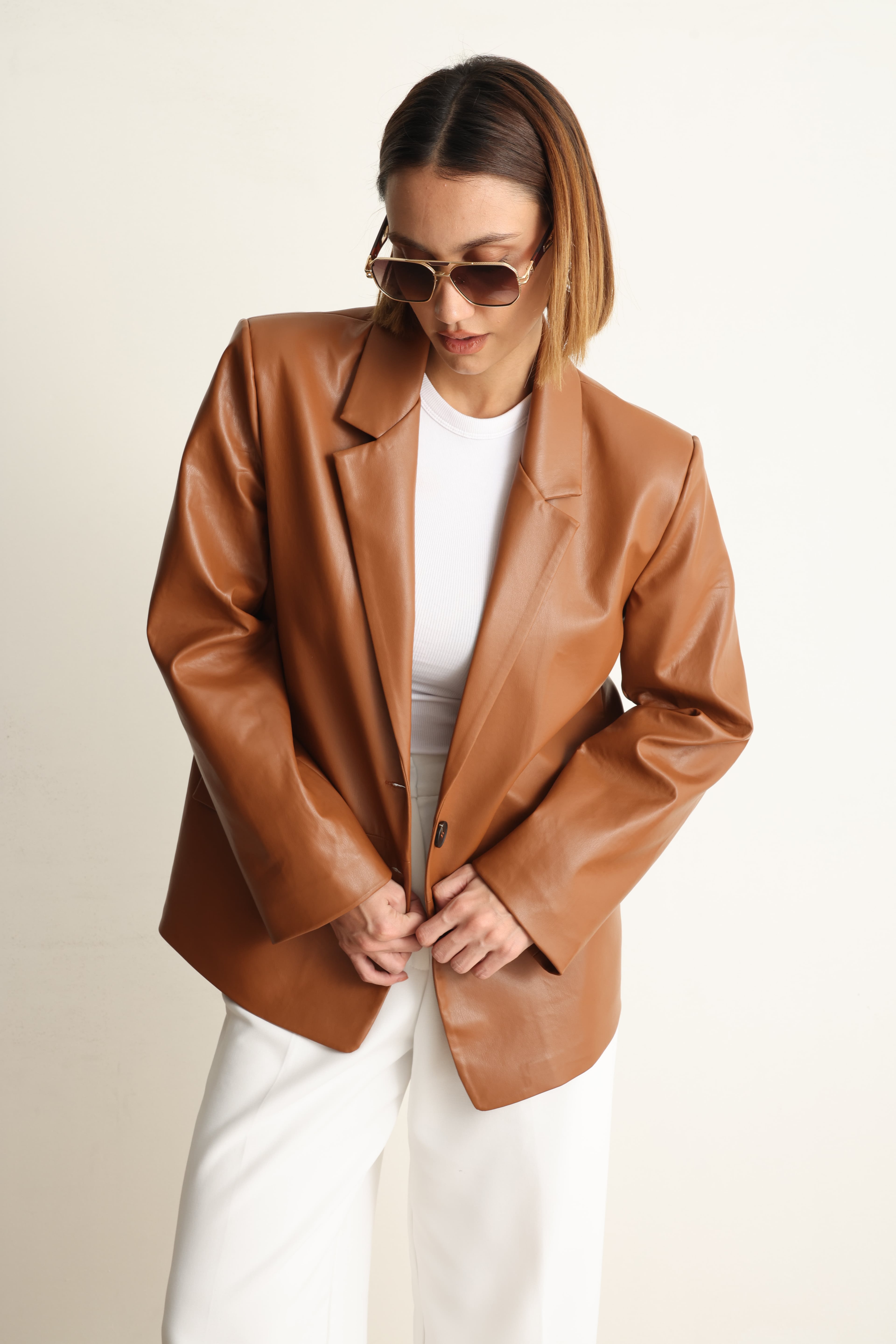 Carrie Deri Blazer Ceket Kahverengi