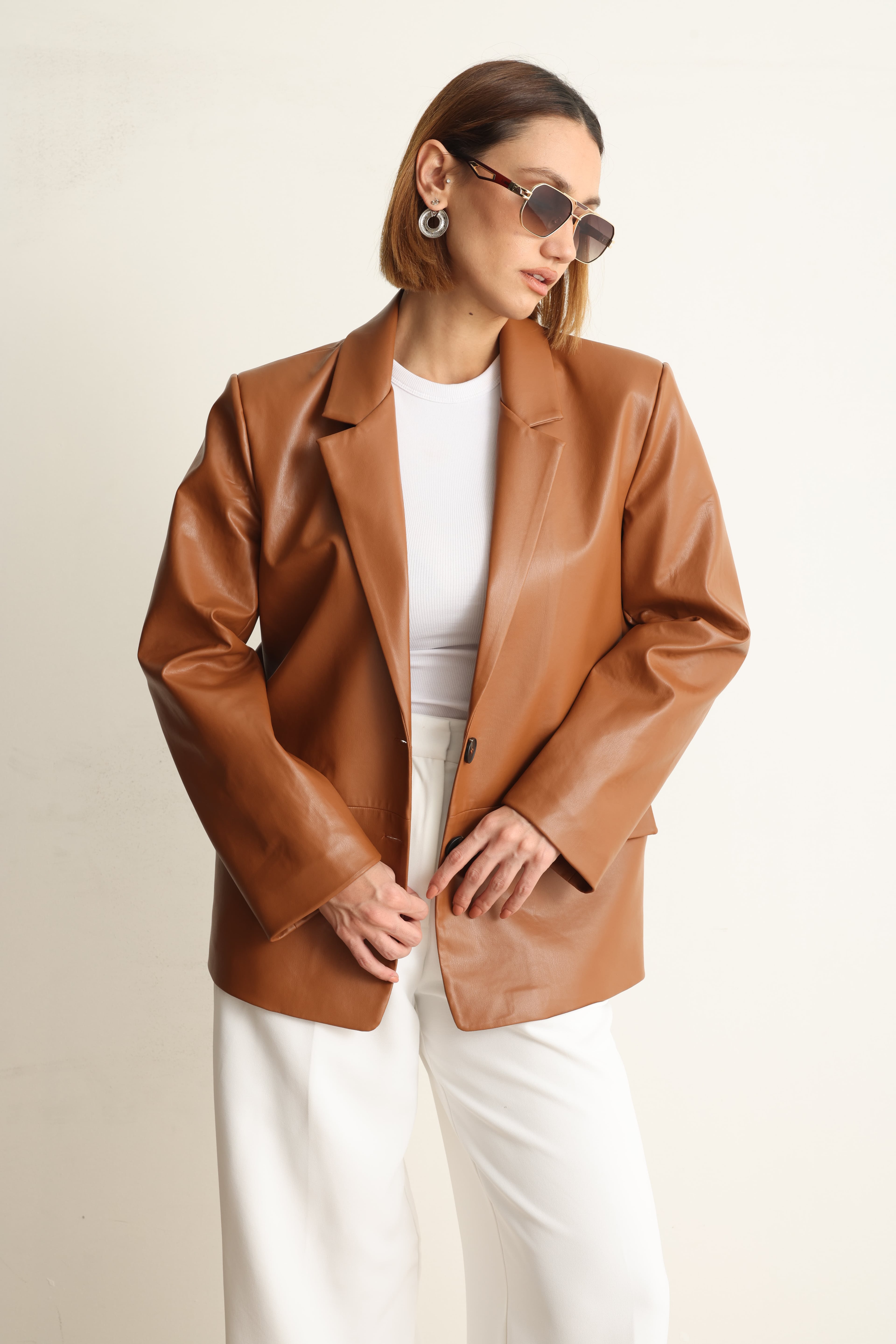 Carrie Deri Blazer Ceket Kahverengi