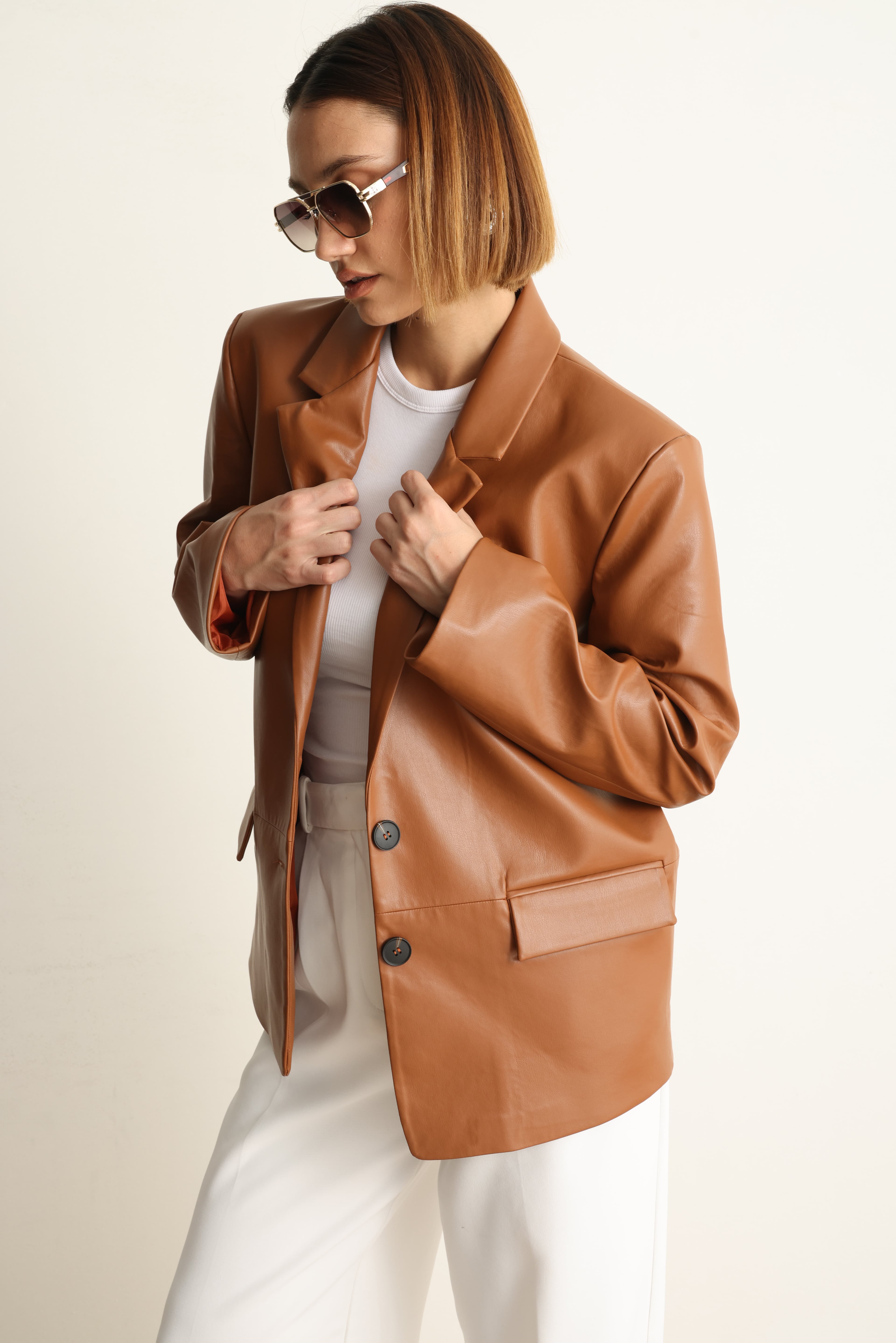 Carrie Deri Blazer Ceket Kahverengi
