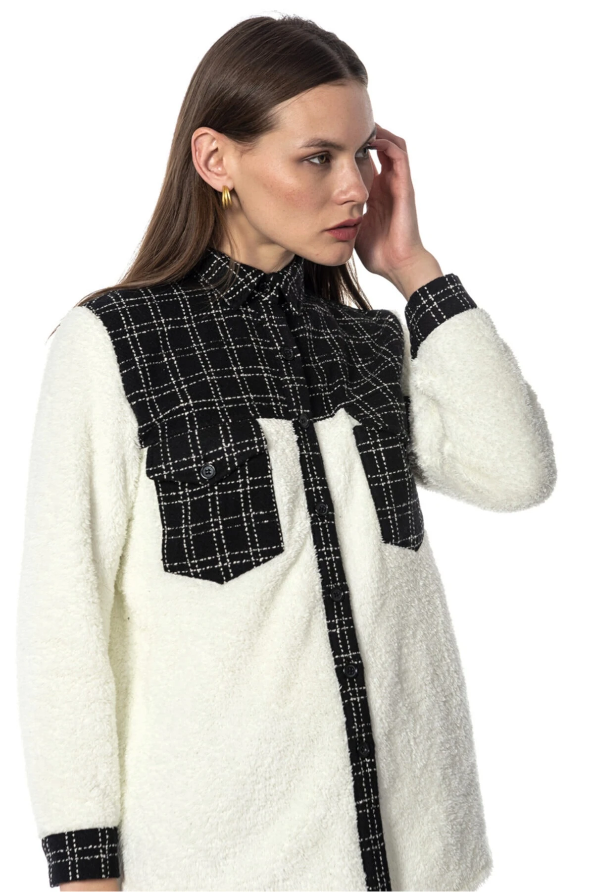 Beyaz Ekoseli Peluş Gömlek