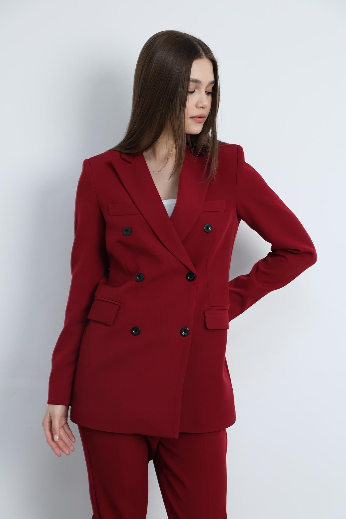 Aria Düğmeli Blazer Ceket Bordo