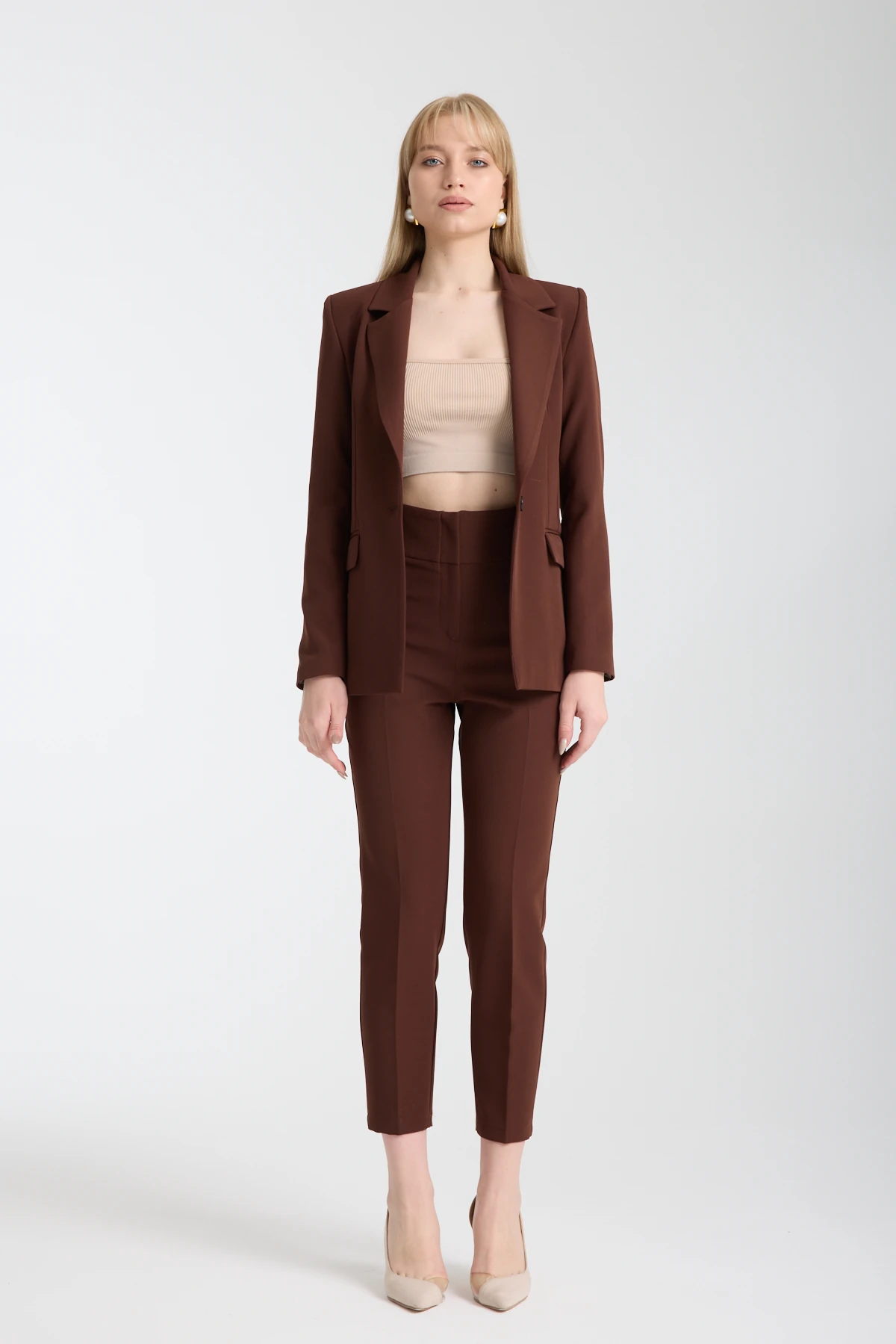 Yüksek Bel Sahte Cepli Kahverengi Pantolon