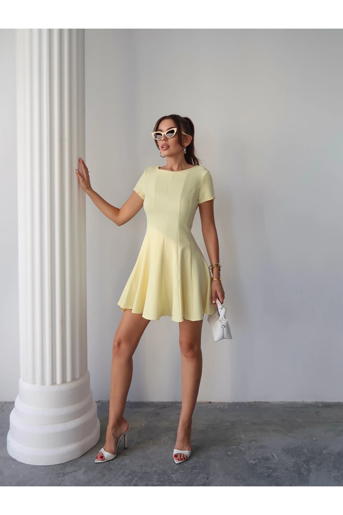 Yarım Kol Volanlı Elbise - sarı