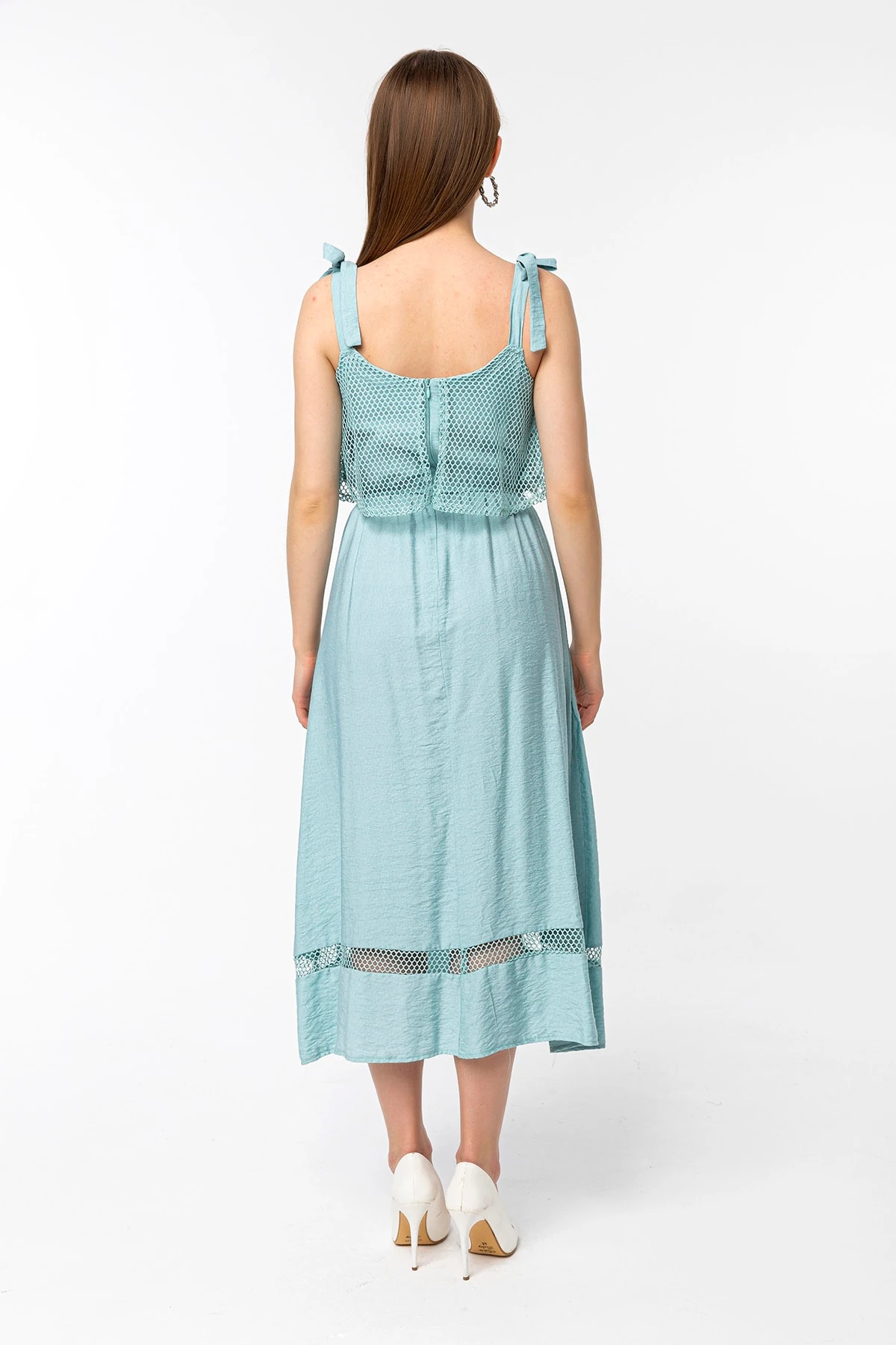 Asimetrik File Detaylı Degaje Yaka Mint Yeşili Askılı Elbise