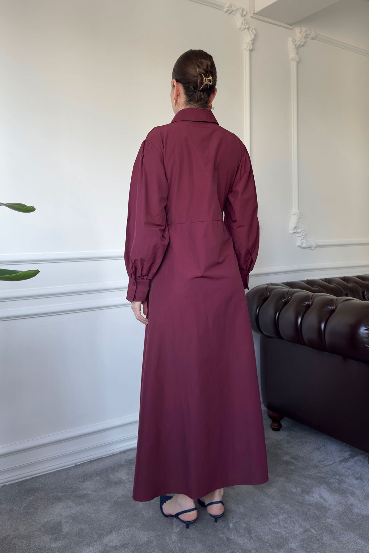 Kuşaklı Uzun Poplin Elbise- BORDO