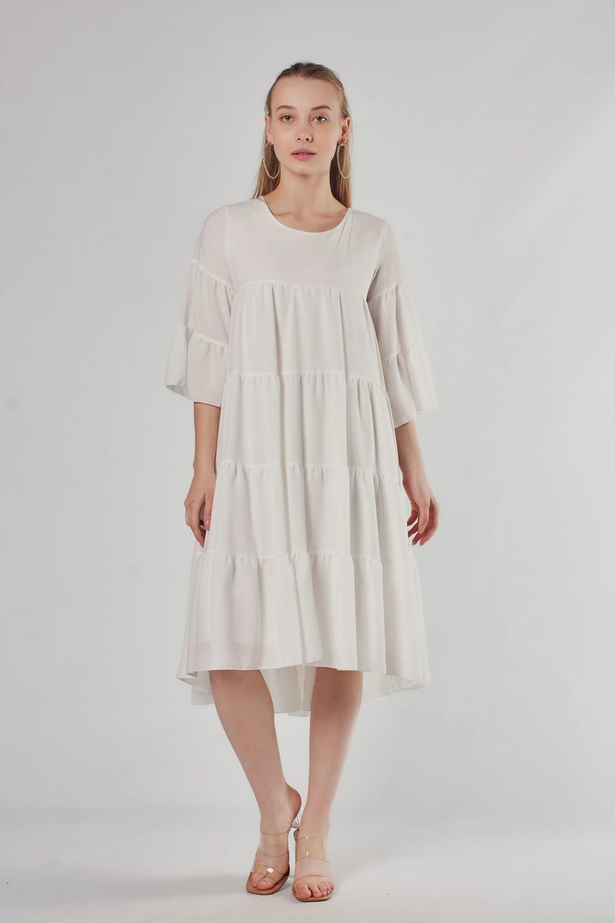 Beyaz Midi Boy Asimetrik Elbise