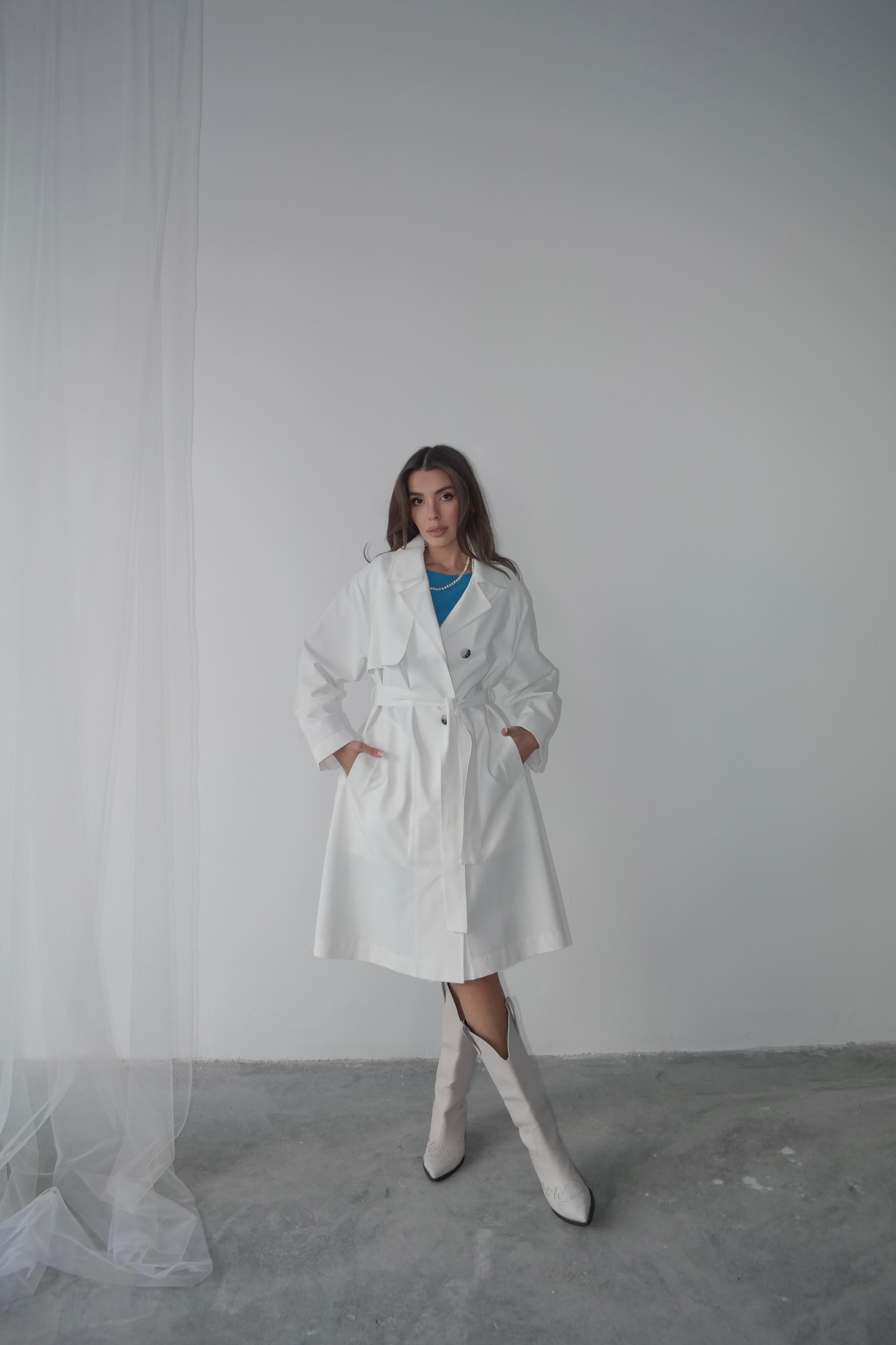 Gabardin Düğmeli Trençkot Beyaz