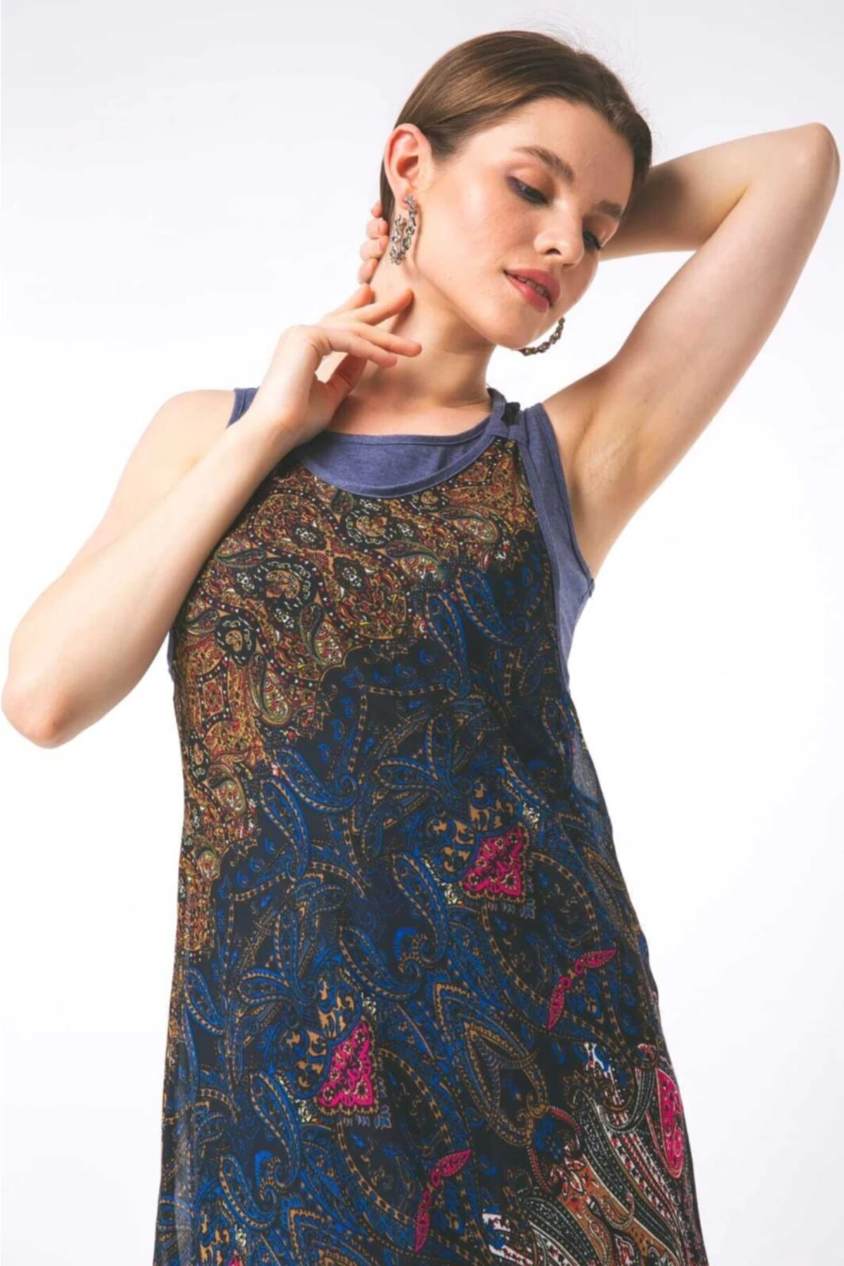 Etnik Desenli Ikili Asimetrik Elbise