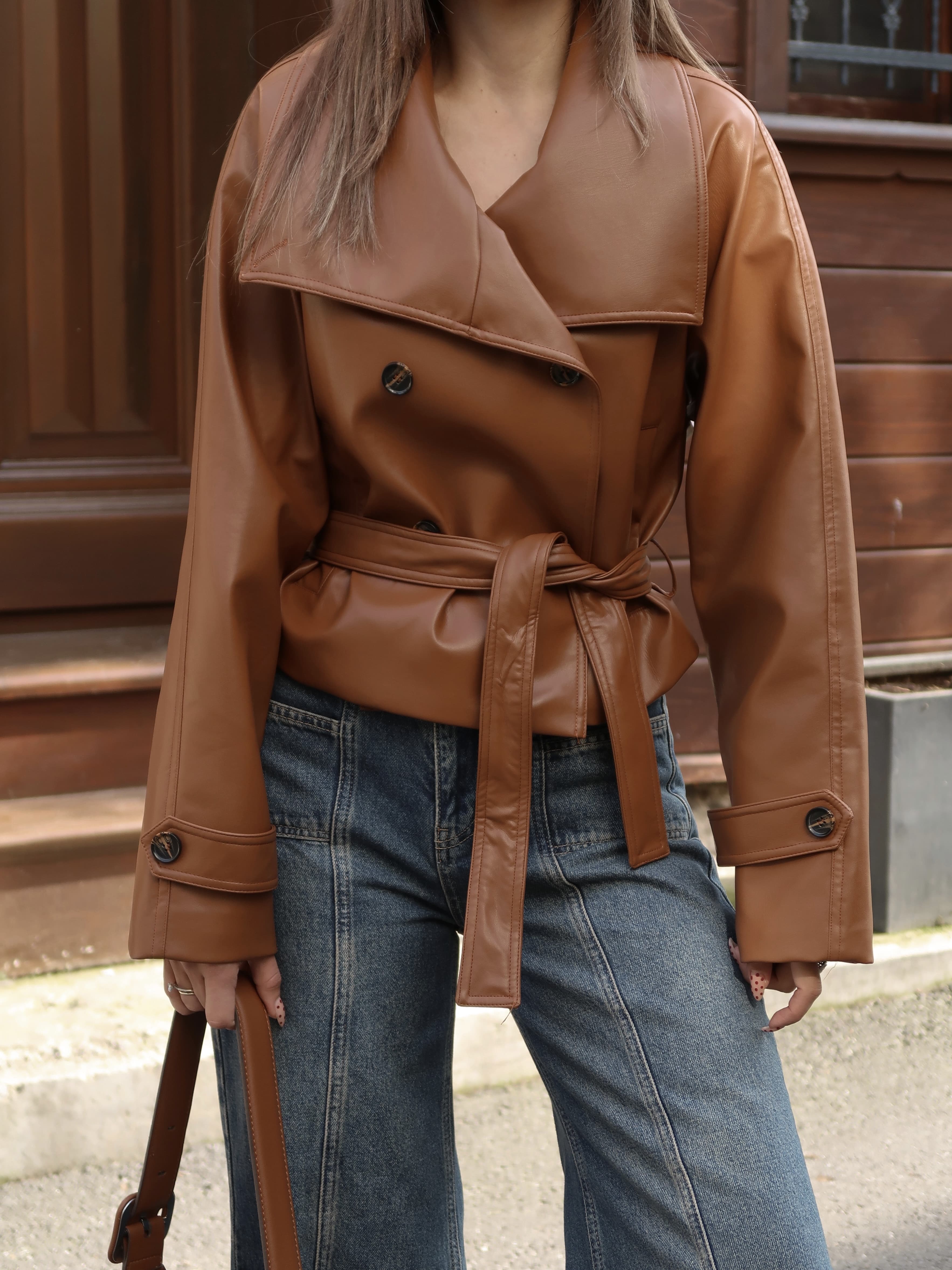 Samantha Deri Kısa Trençkot Kahverengi