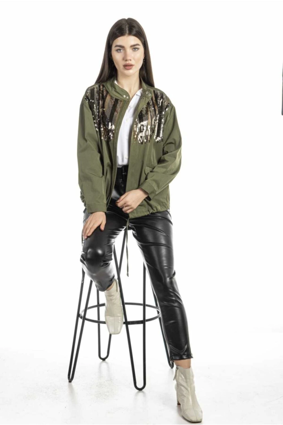 Kadın Haki Payetli Yağmurluk