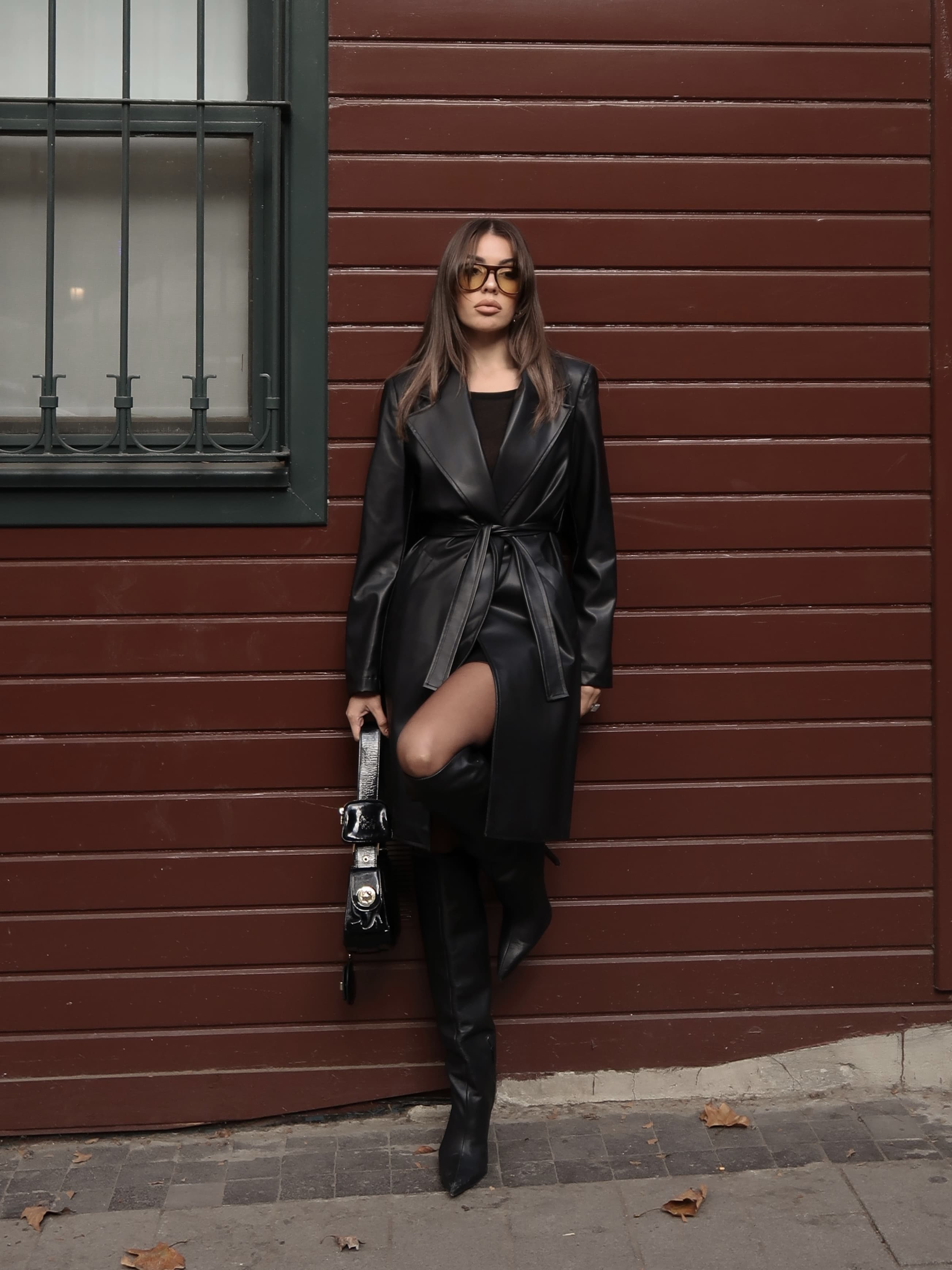 Deri trençkot Siyah