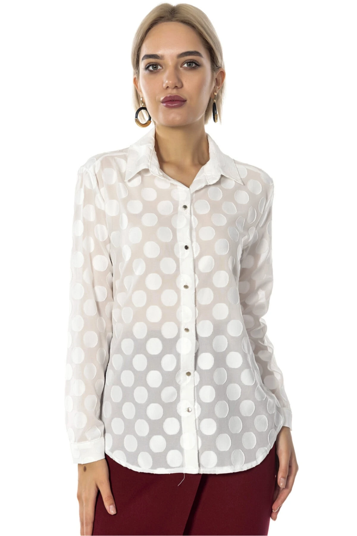 Kadın Ekru Puantiyeli Gömlek