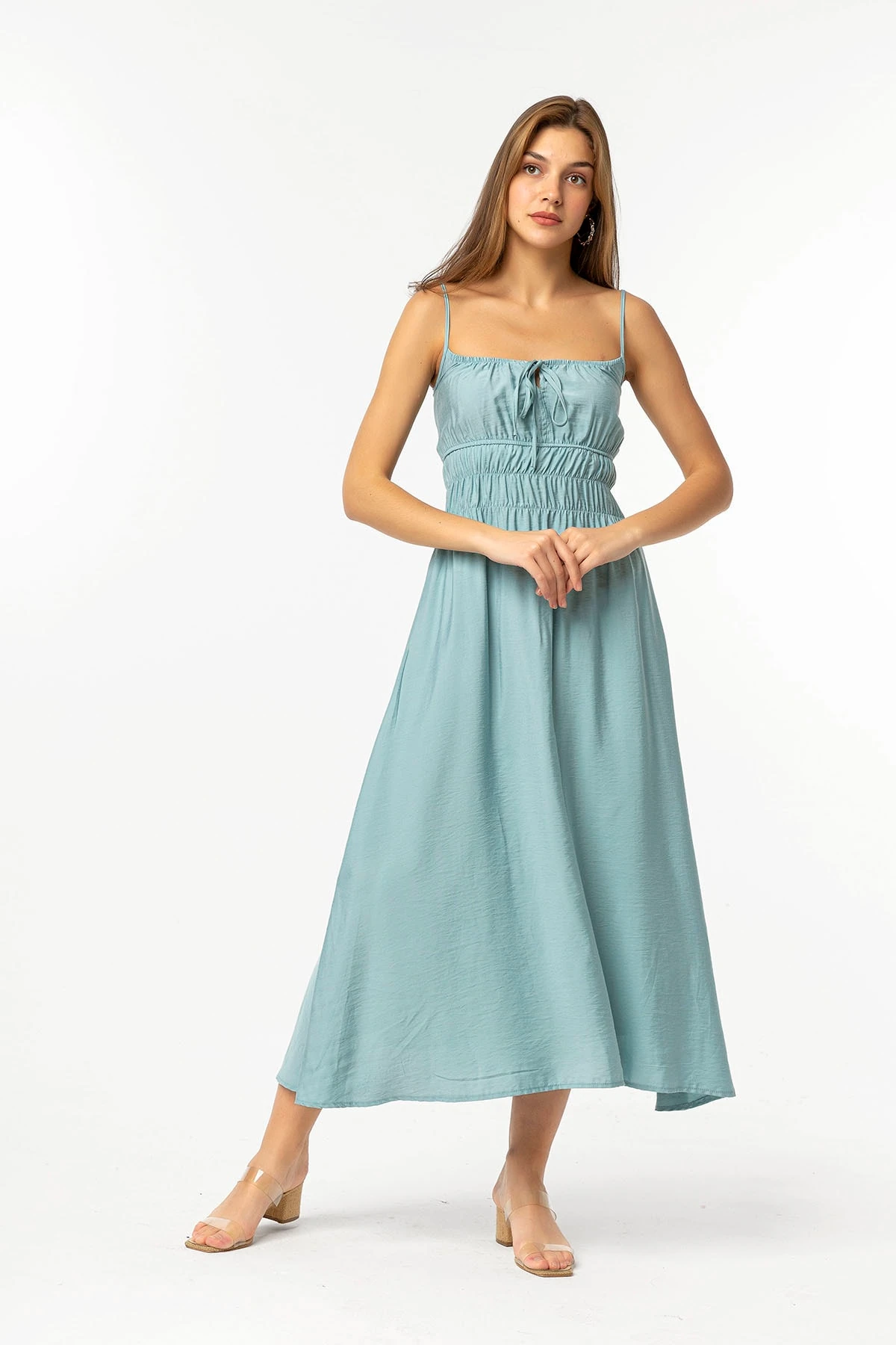 Beli Büzgülü Askılı Mavi Elbise