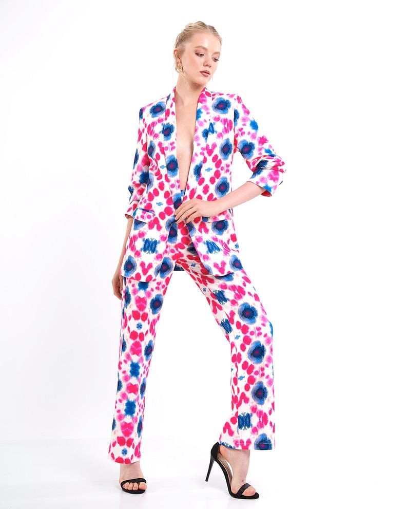 Mia Kolu Büzgülü Desenli Blazer Ceket Pembe