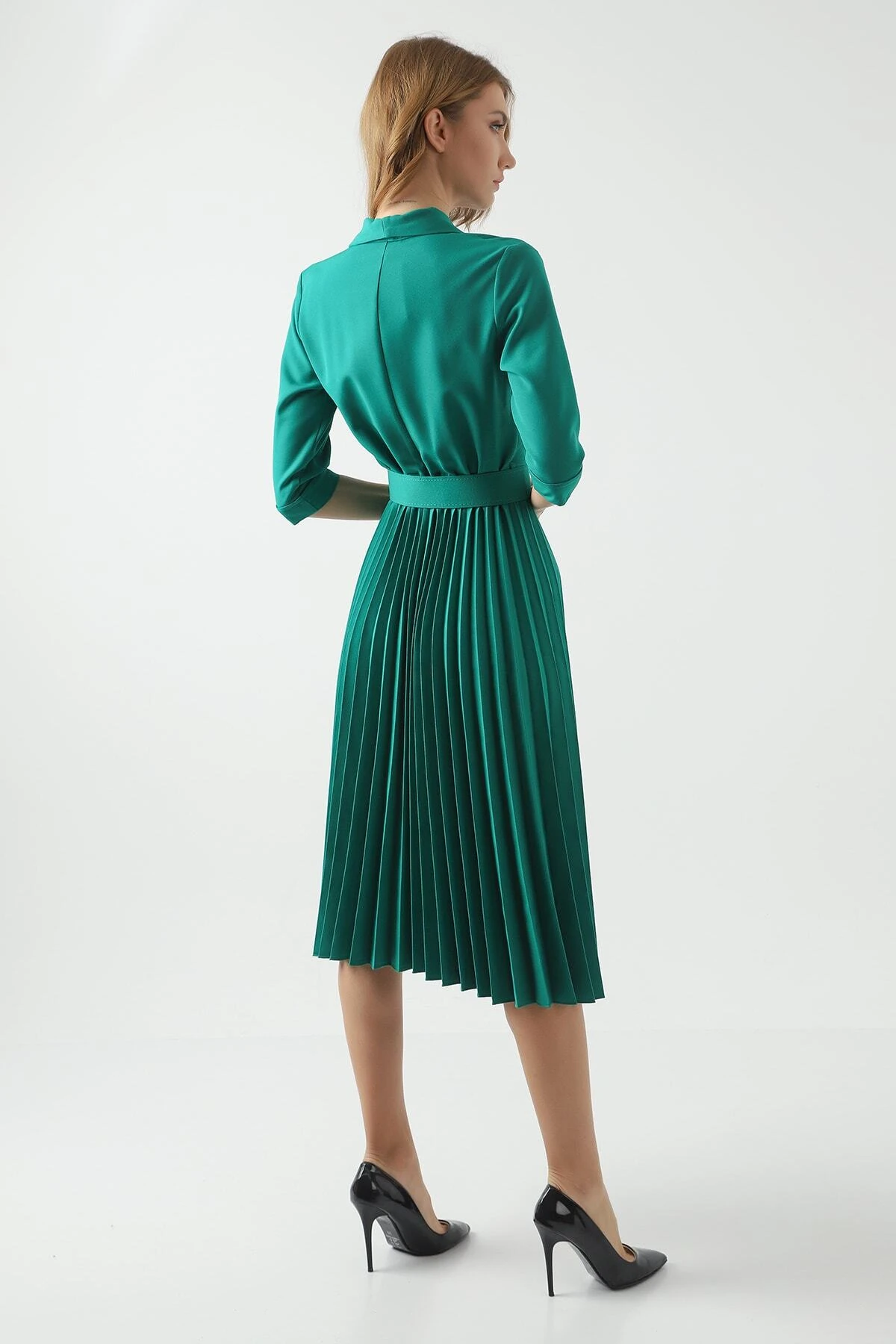 Kruvaze Yakalı Truvakar Kol Yeşil Kloş Elbise