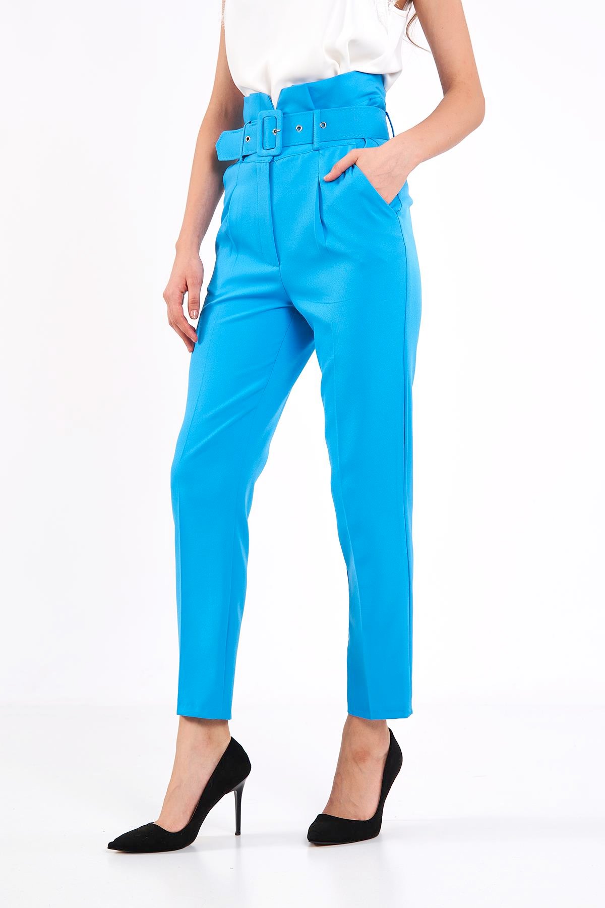 Klasik Yüksek Bel Kemerli Mavi Pantolon