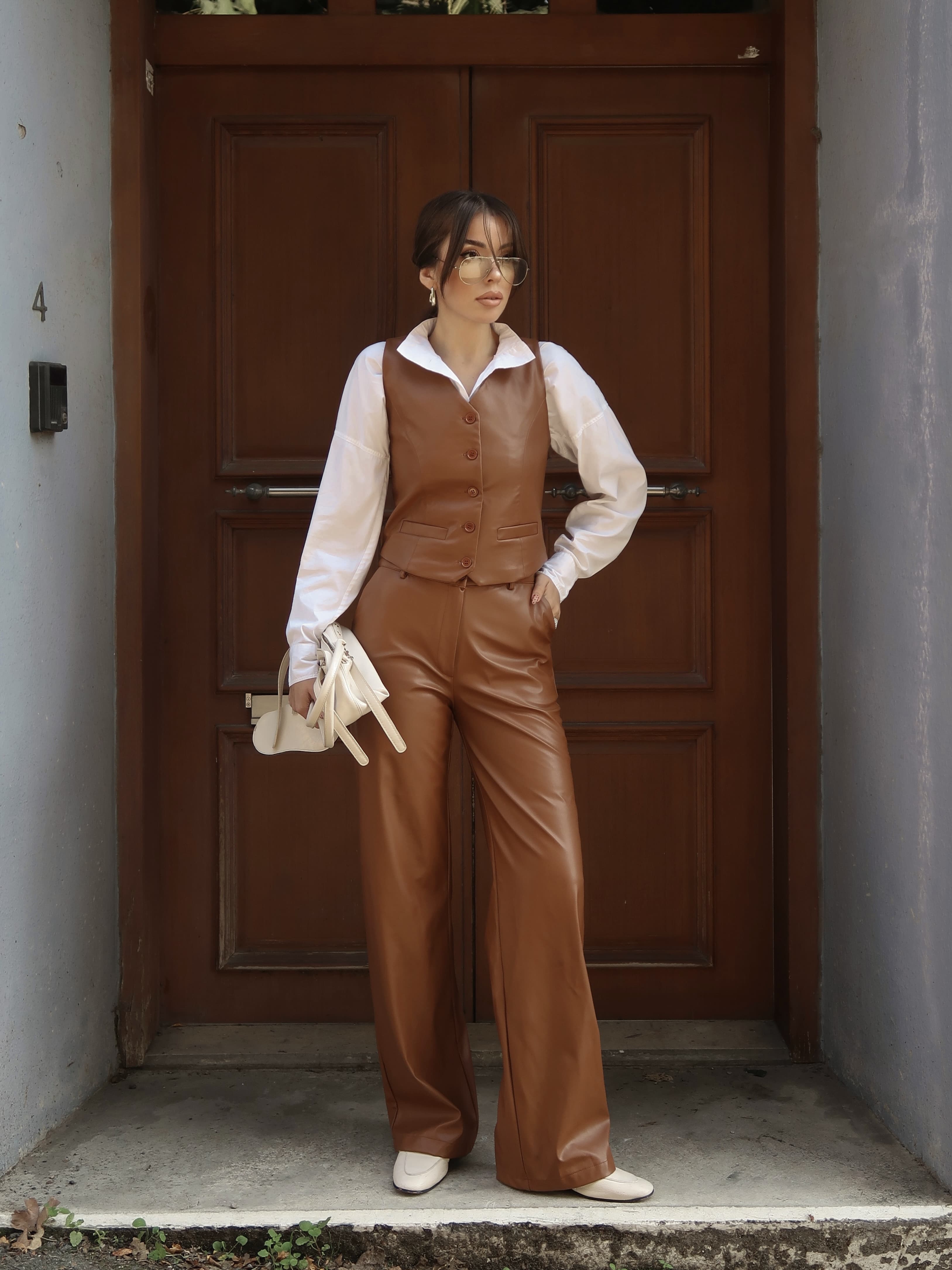 İris Deri Yelek Kahverengi