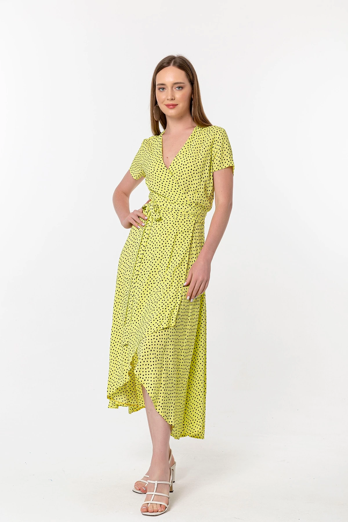 Kruvaze Yaka Sarı Elbise