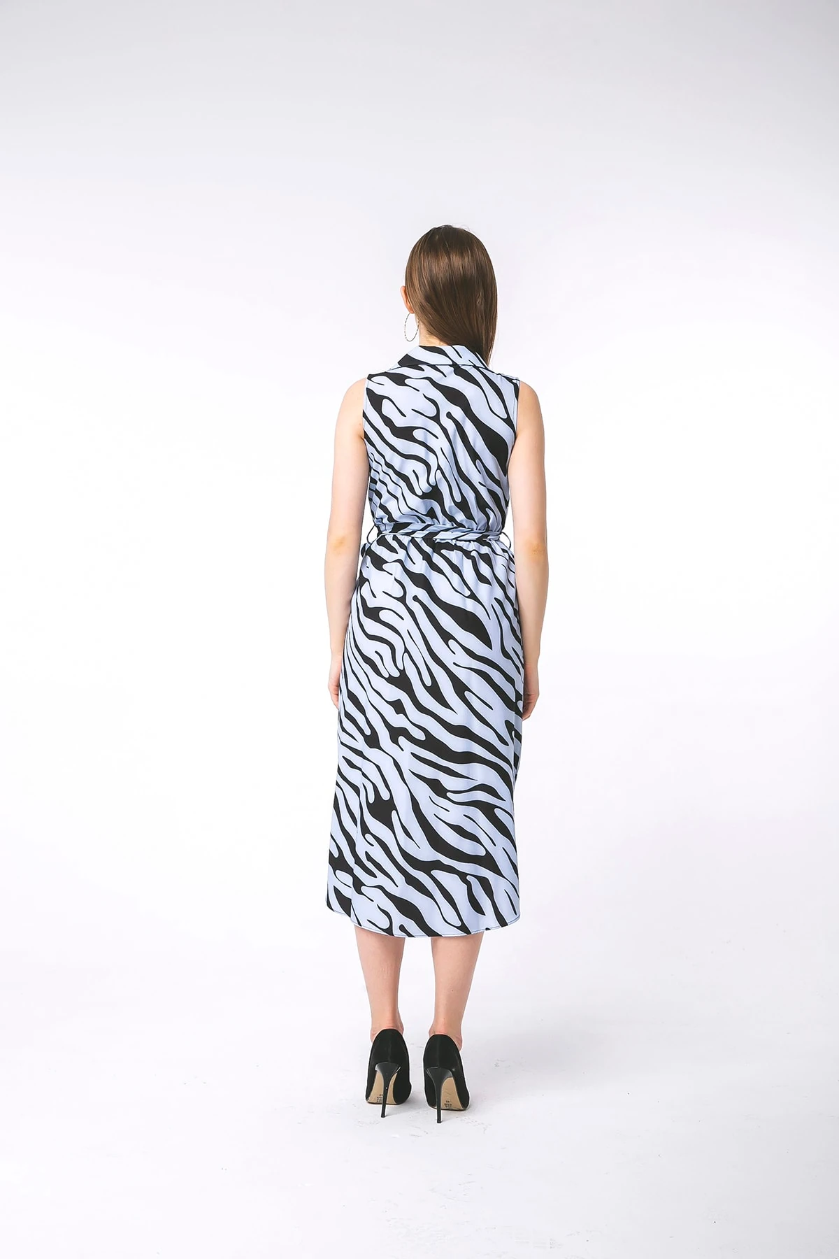 Kruvaze Yaka Desenli Anvelop Midi Boy Elbise